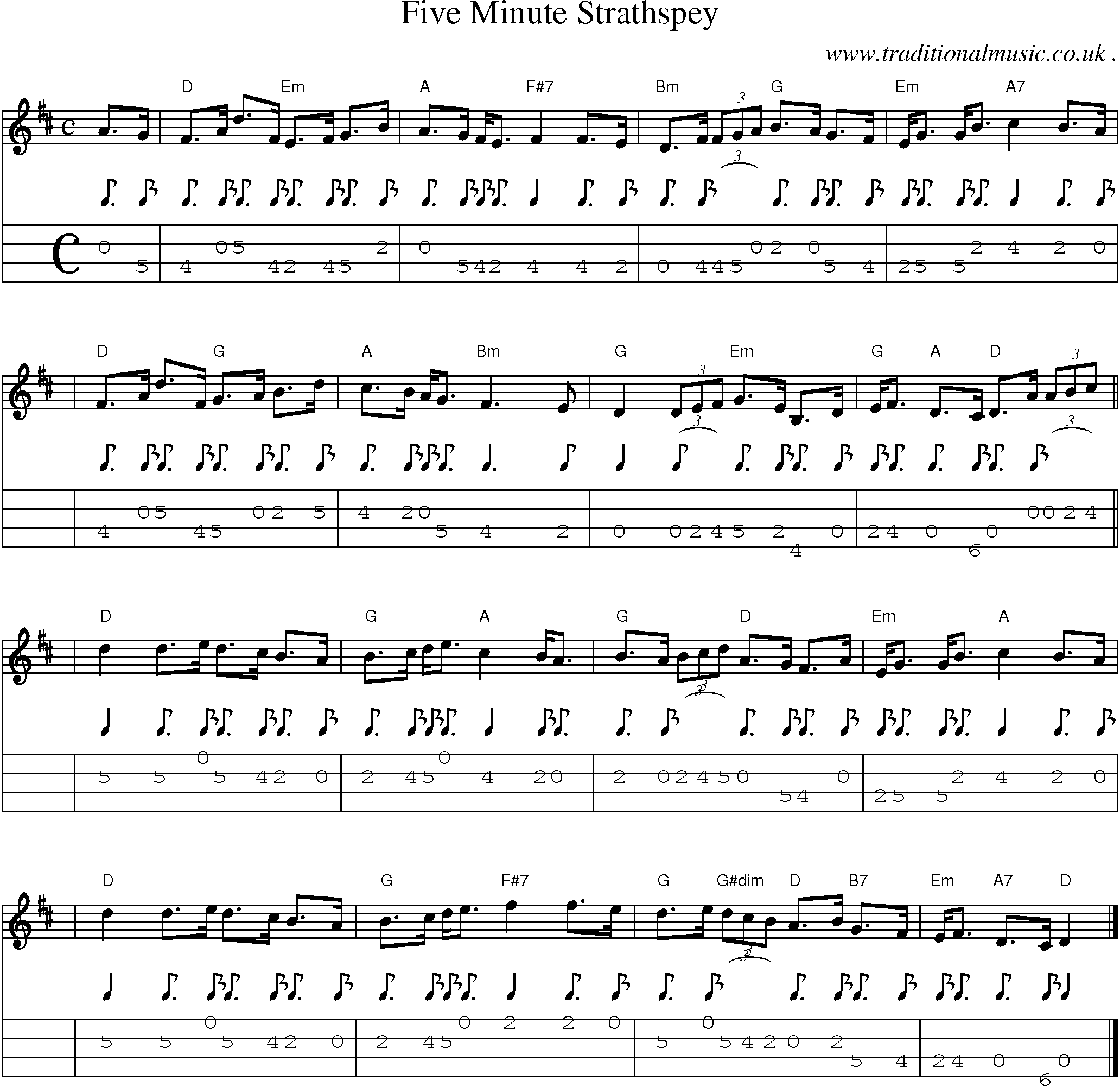 Sheet-music  score, Chords and Mandolin Tabs for Five Minute Strathspey