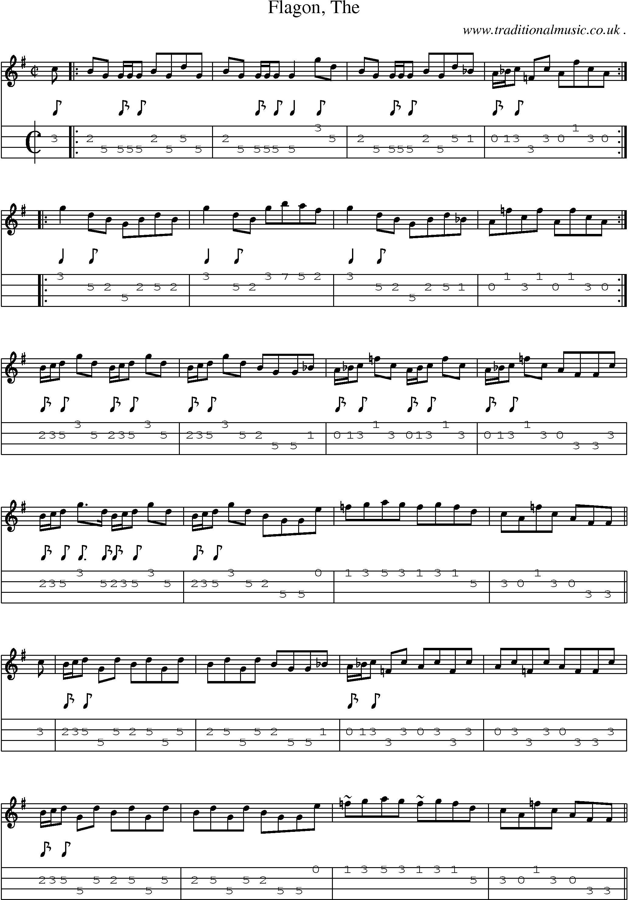 Sheet-music  score, Chords and Mandolin Tabs for Flagon The