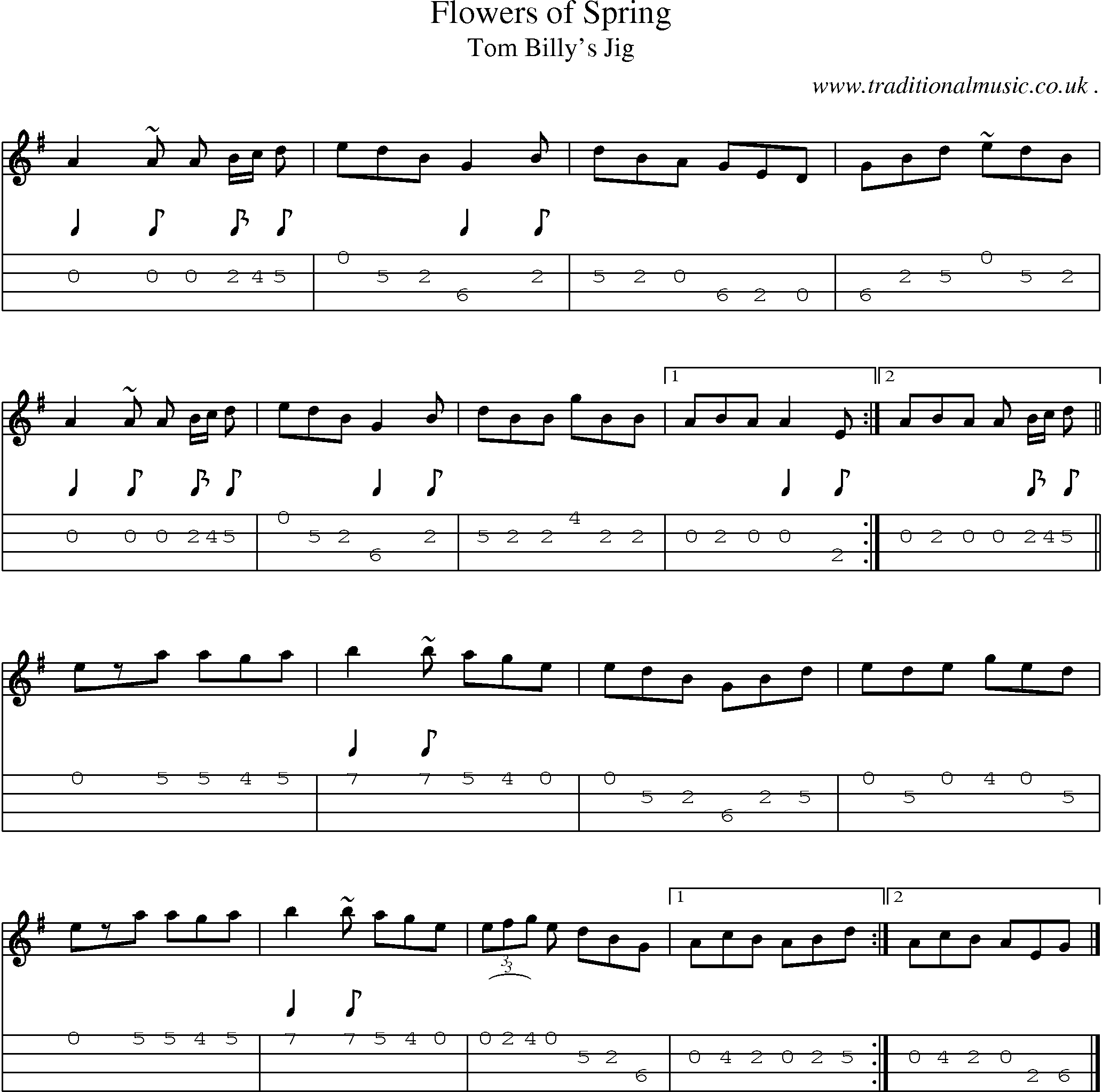 Sheet-music  score, Chords and Mandolin Tabs for Flowers Of Spring
