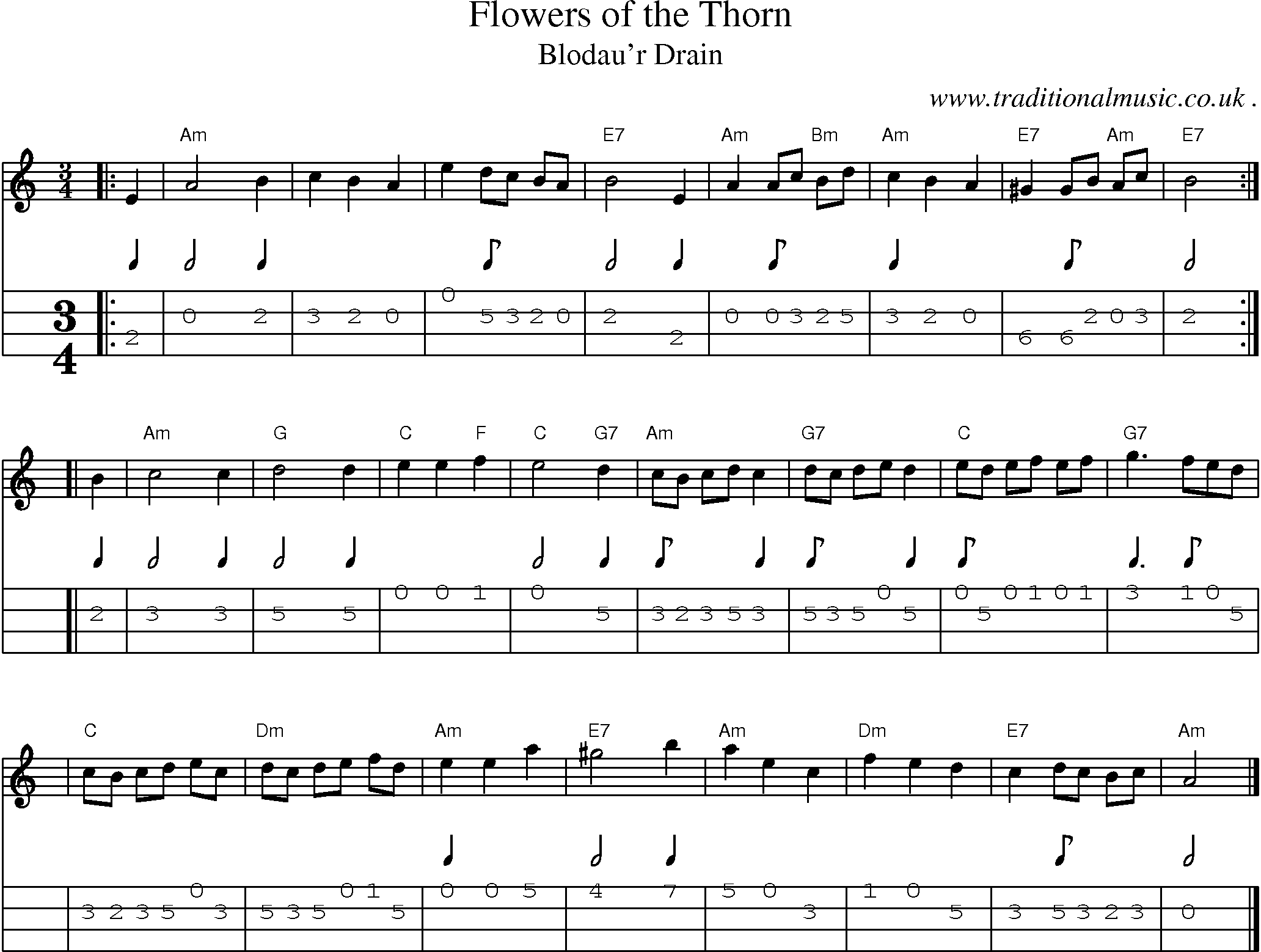 Sheet-music  score, Chords and Mandolin Tabs for Flowers Of The Thorn