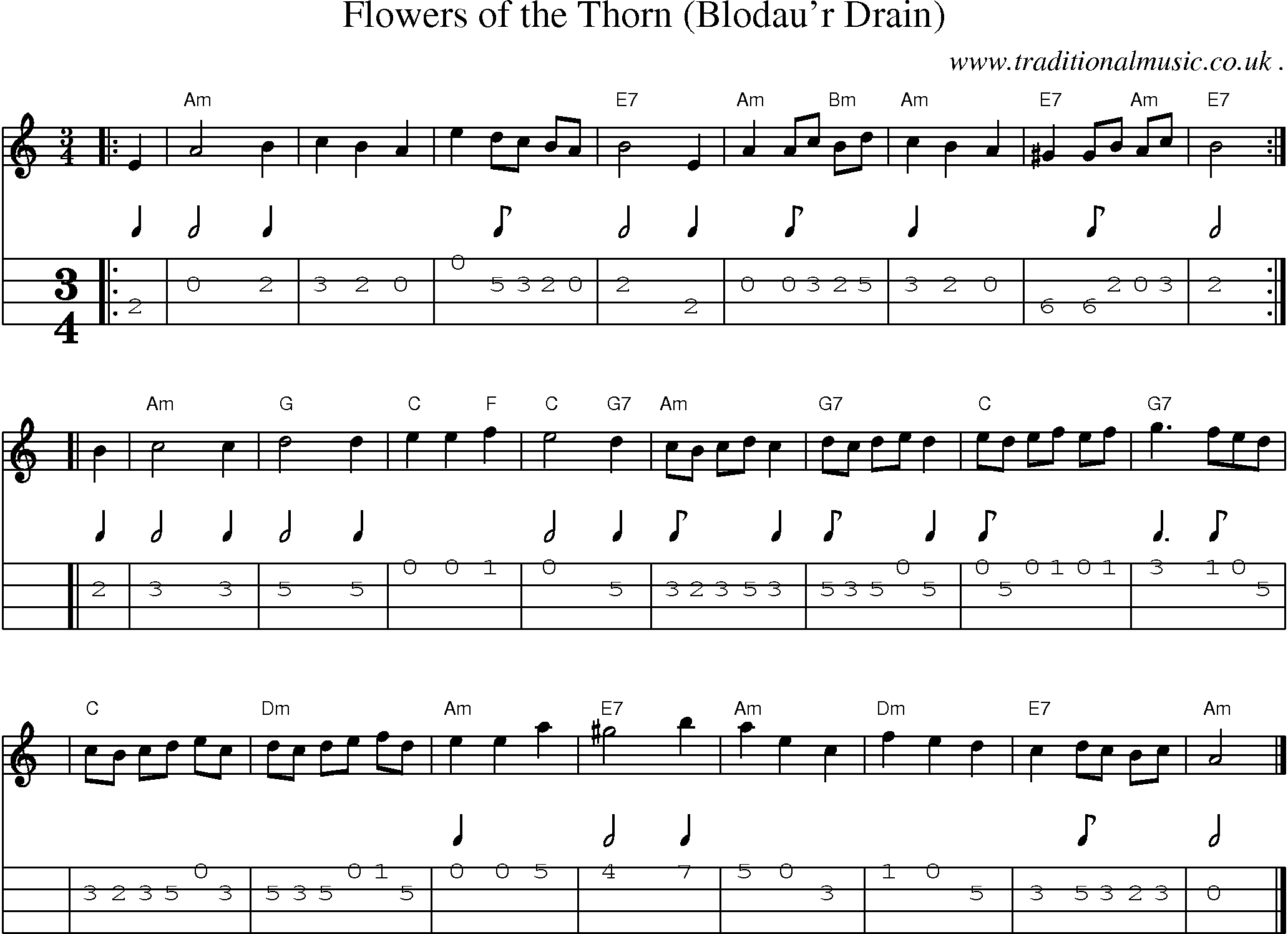 Sheet-music  score, Chords and Mandolin Tabs for Flowers Of The Thorn Blodaur Drain