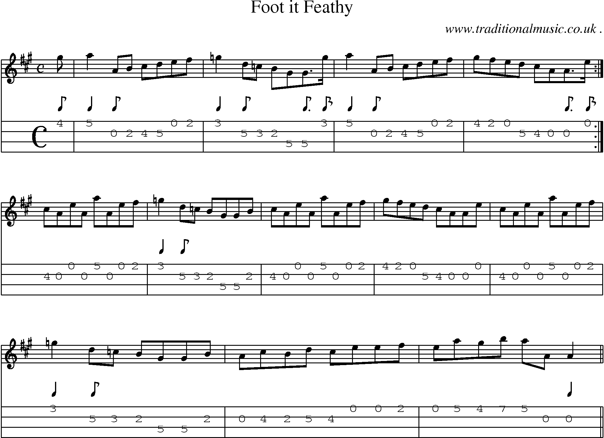 Sheet-music  score, Chords and Mandolin Tabs for Foot It Feathy