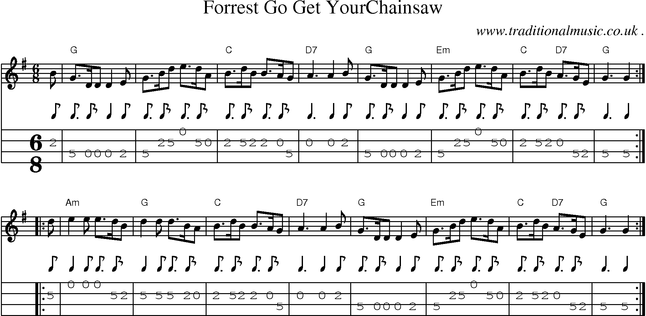 Sheet-music  score, Chords and Mandolin Tabs for Forrest Go Get Yourchainsaw