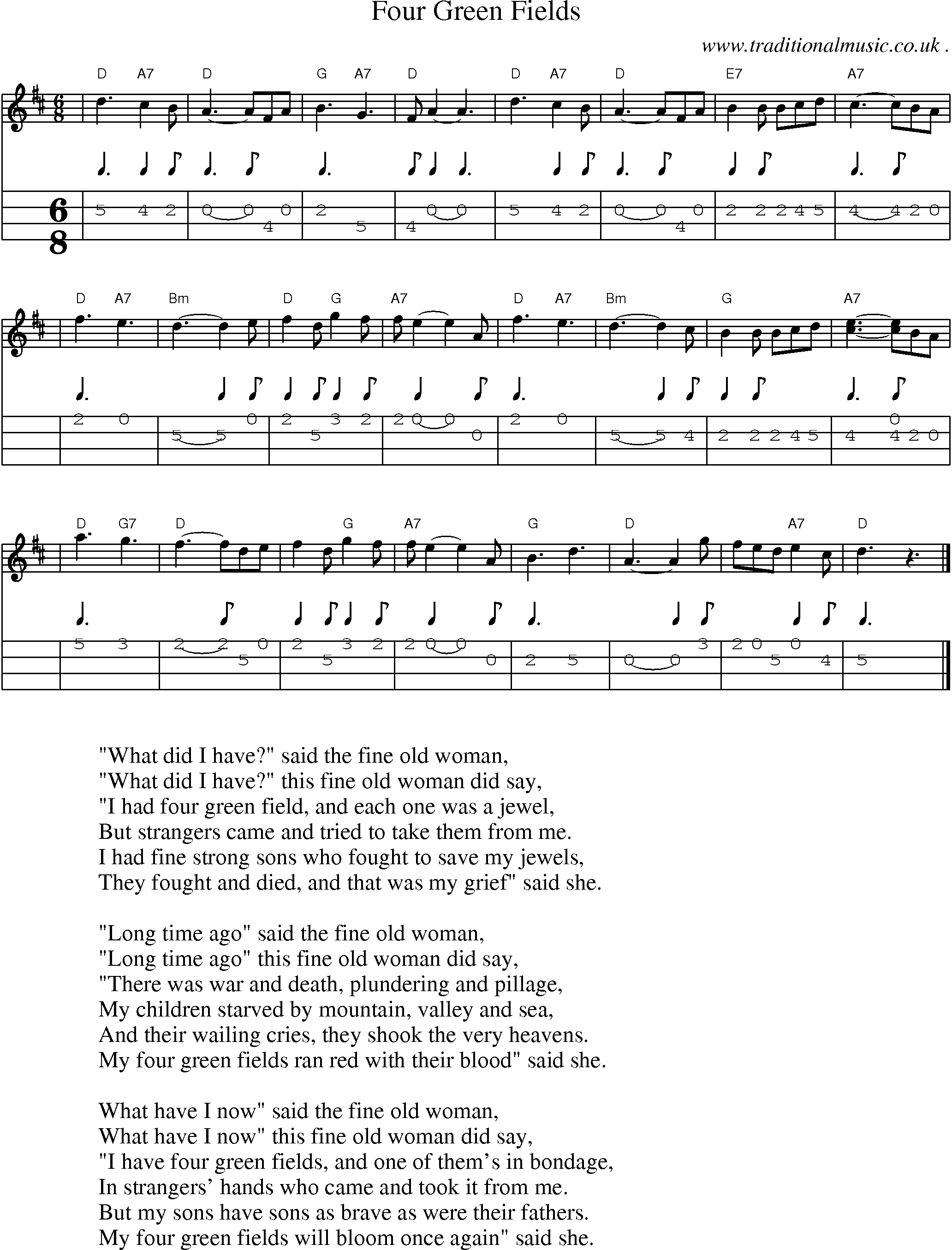 Sheet-music  score, Chords and Mandolin Tabs for Four Green Fields