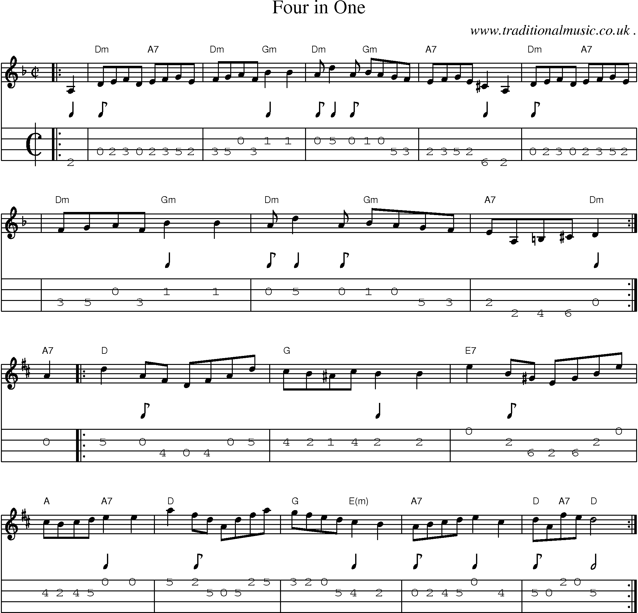 Sheet-music  score, Chords and Mandolin Tabs for Four In One