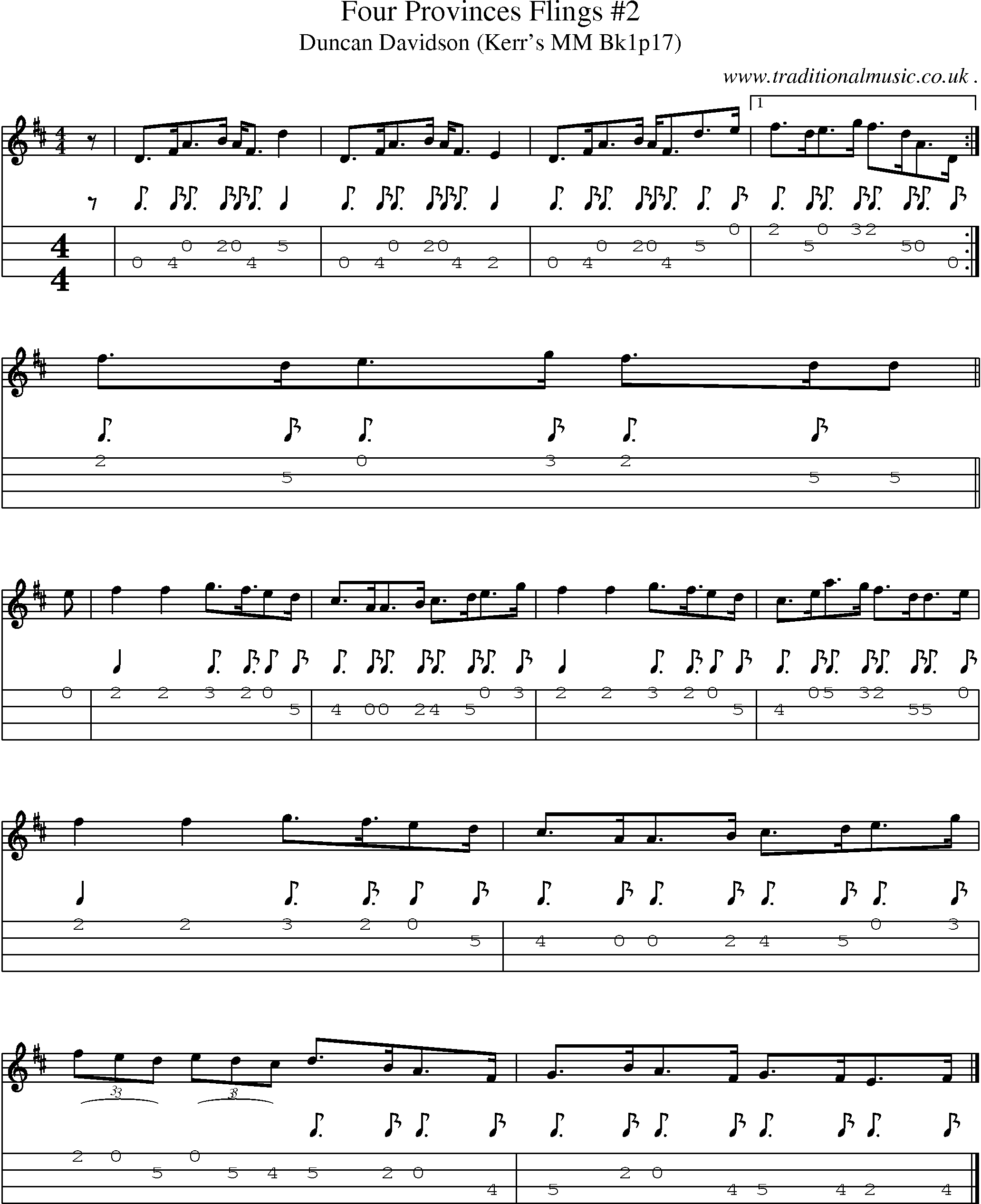 Sheet-music  score, Chords and Mandolin Tabs for Four Provinces Flings 2
