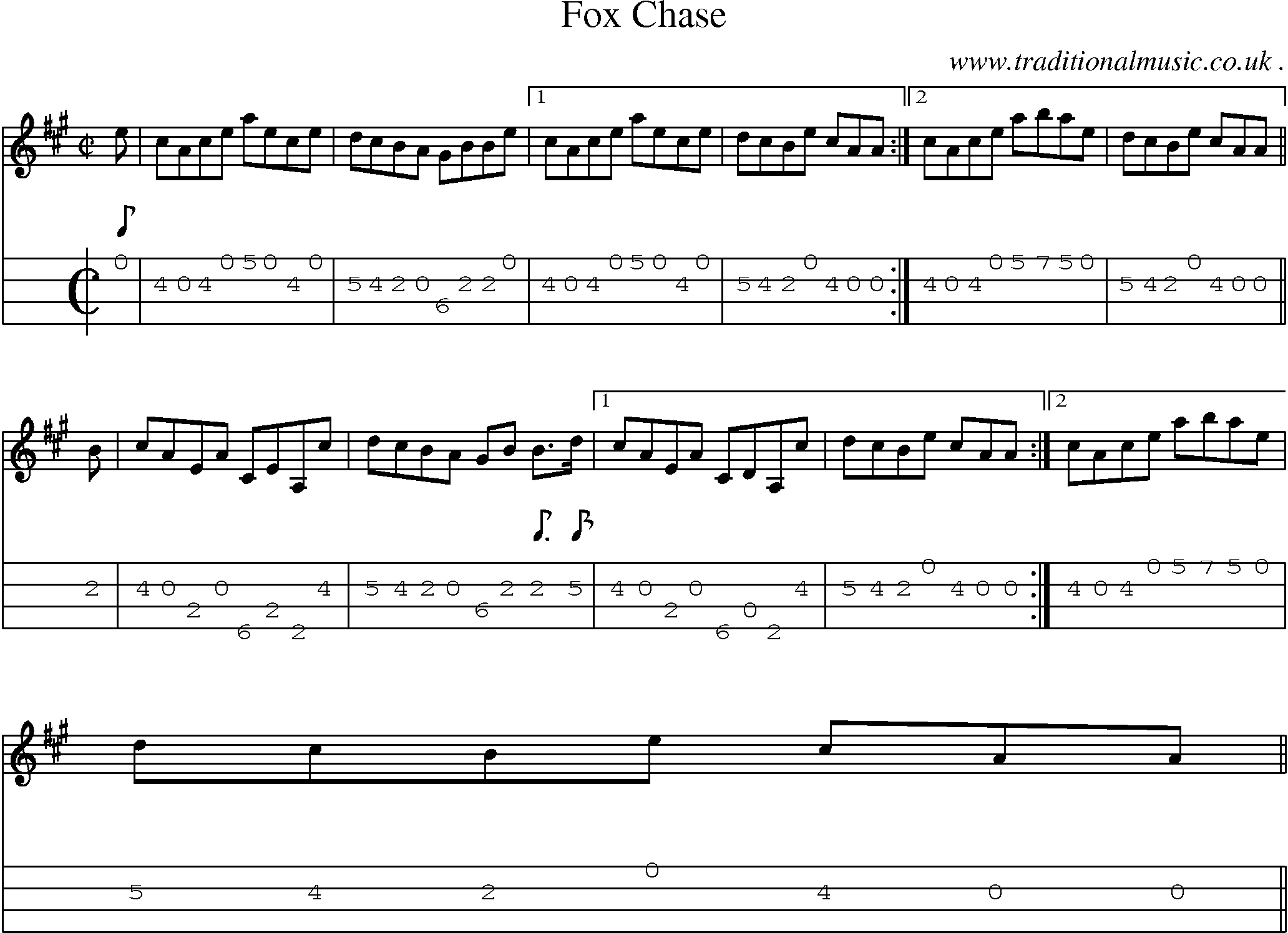 Sheet-music  score, Chords and Mandolin Tabs for Fox Chase