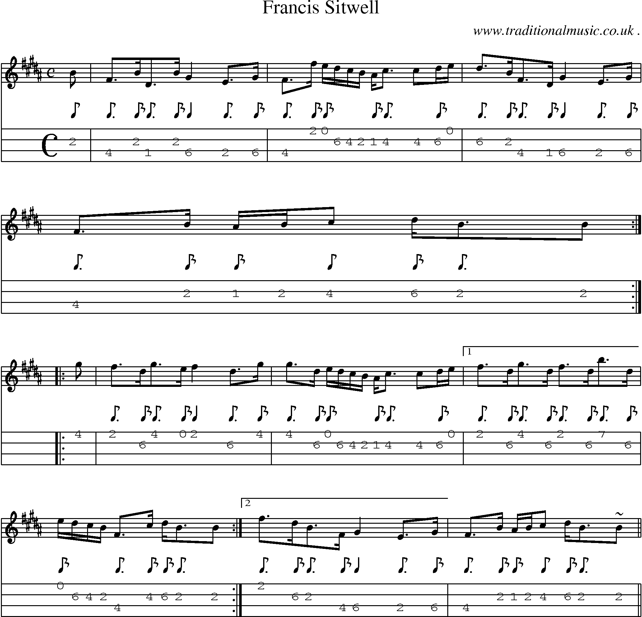Sheet-music  score, Chords and Mandolin Tabs for Francis Sitwell