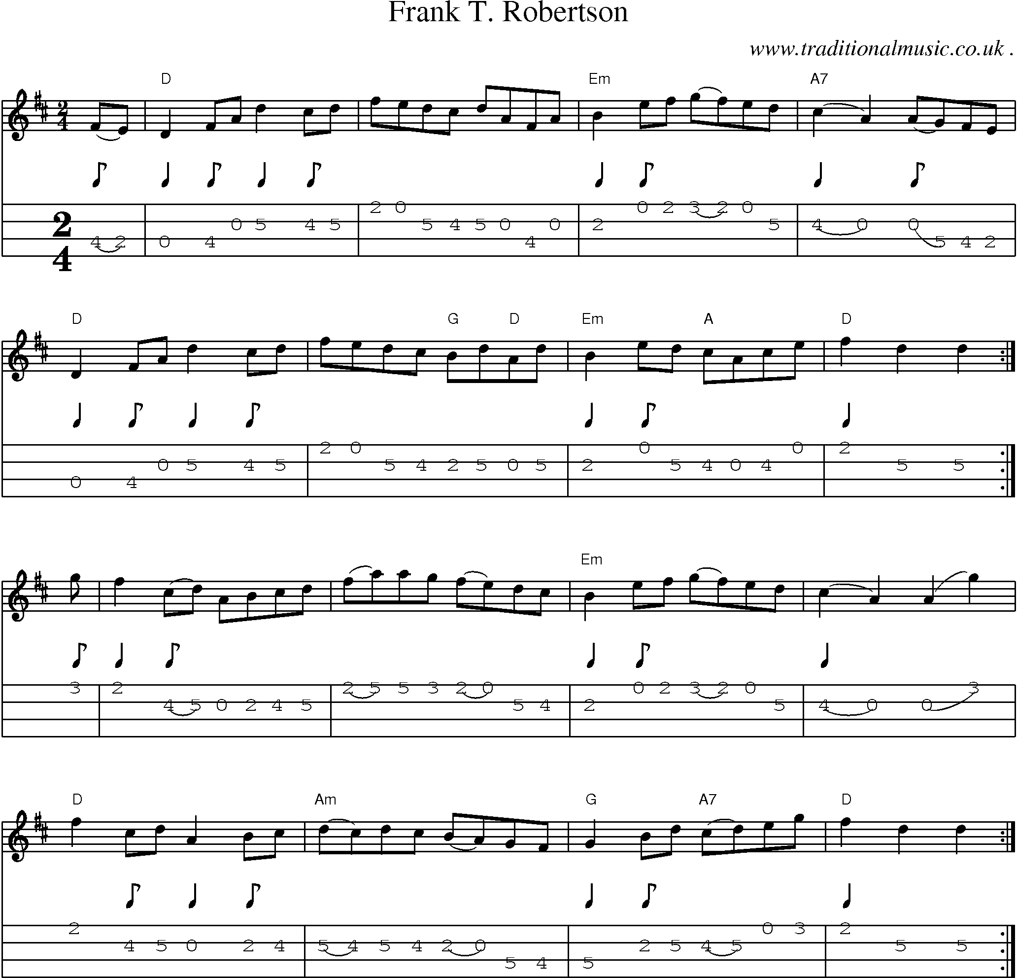 Sheet-music  score, Chords and Mandolin Tabs for Frank T Robertson