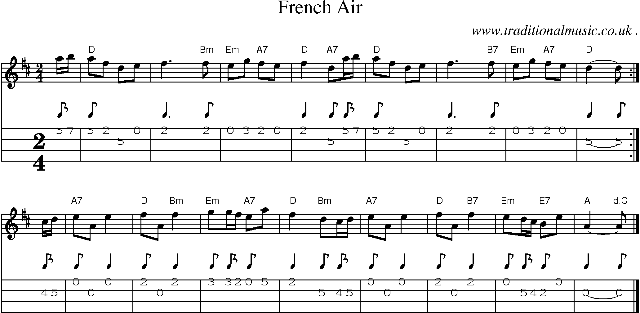 Sheet-music  score, Chords and Mandolin Tabs for French Air