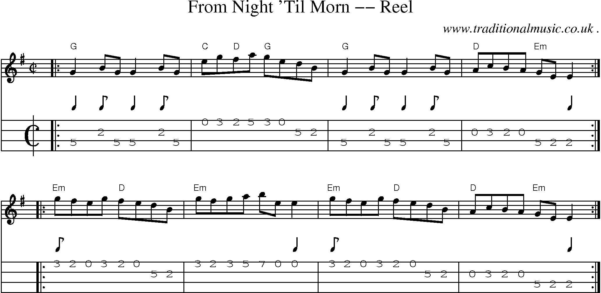 Sheet-music  score, Chords and Mandolin Tabs for From Night Til Morn -- Reel