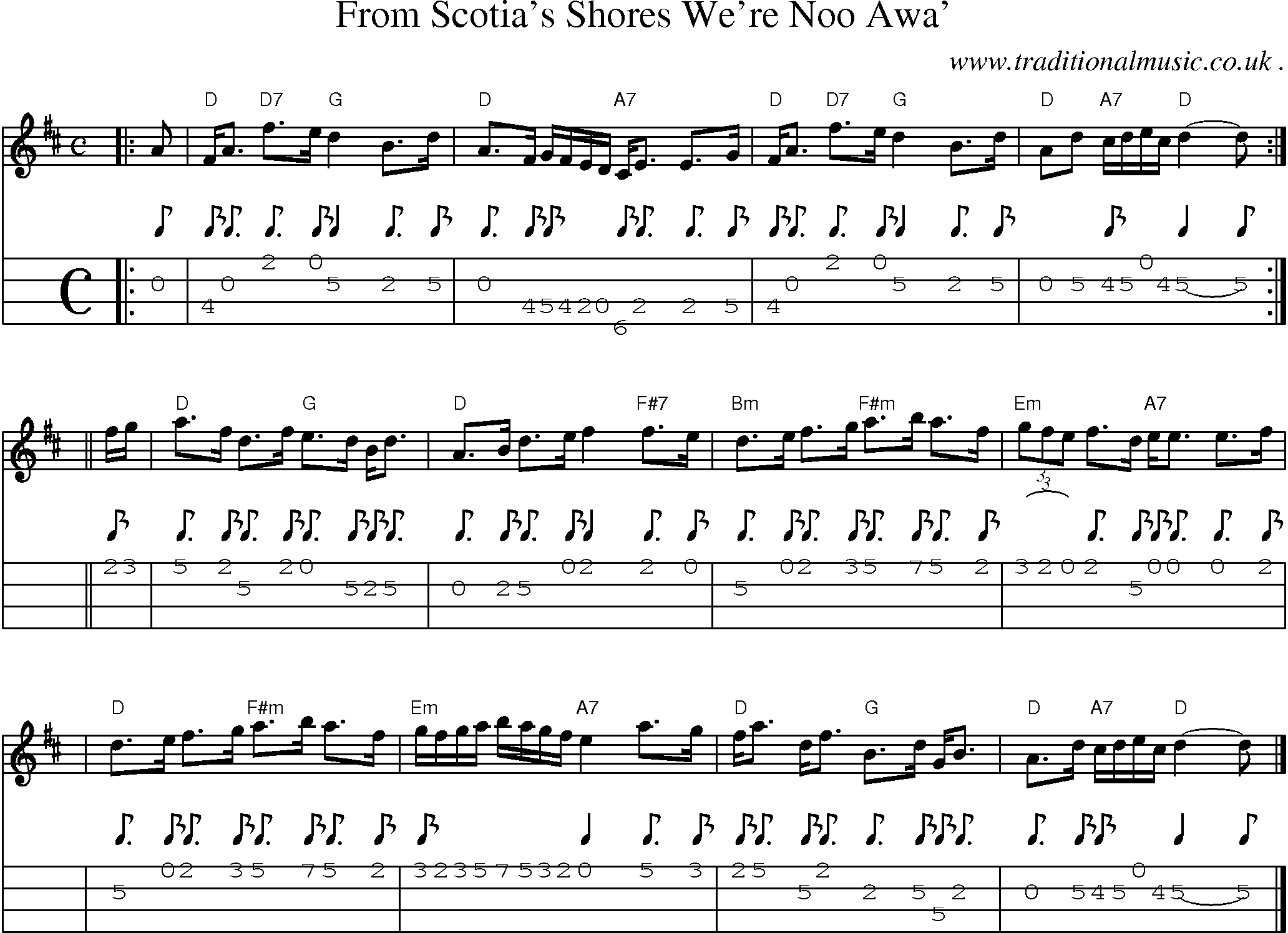 Sheet-music  score, Chords and Mandolin Tabs for From Scotias Shores Were Noo Awa