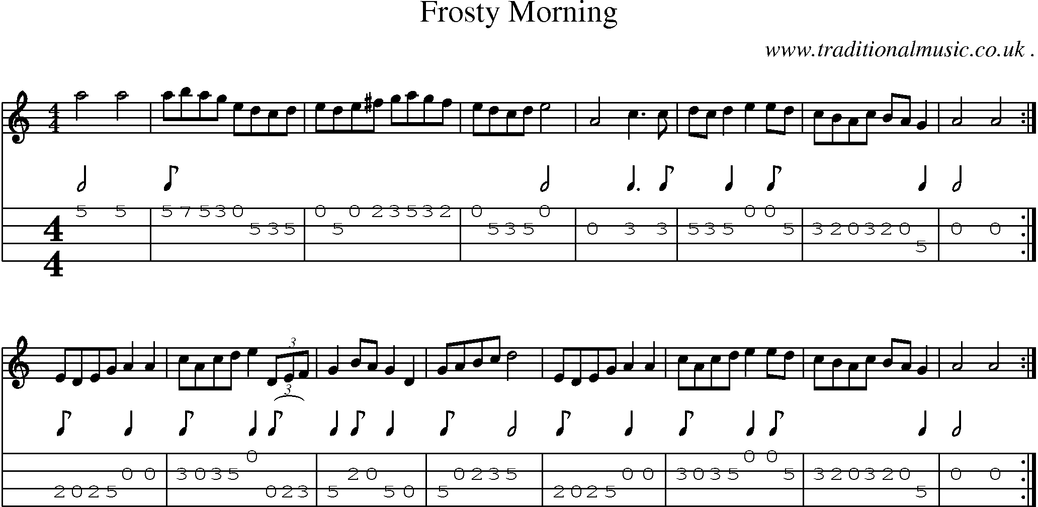 Sheet-music  score, Chords and Mandolin Tabs for Frosty Morning