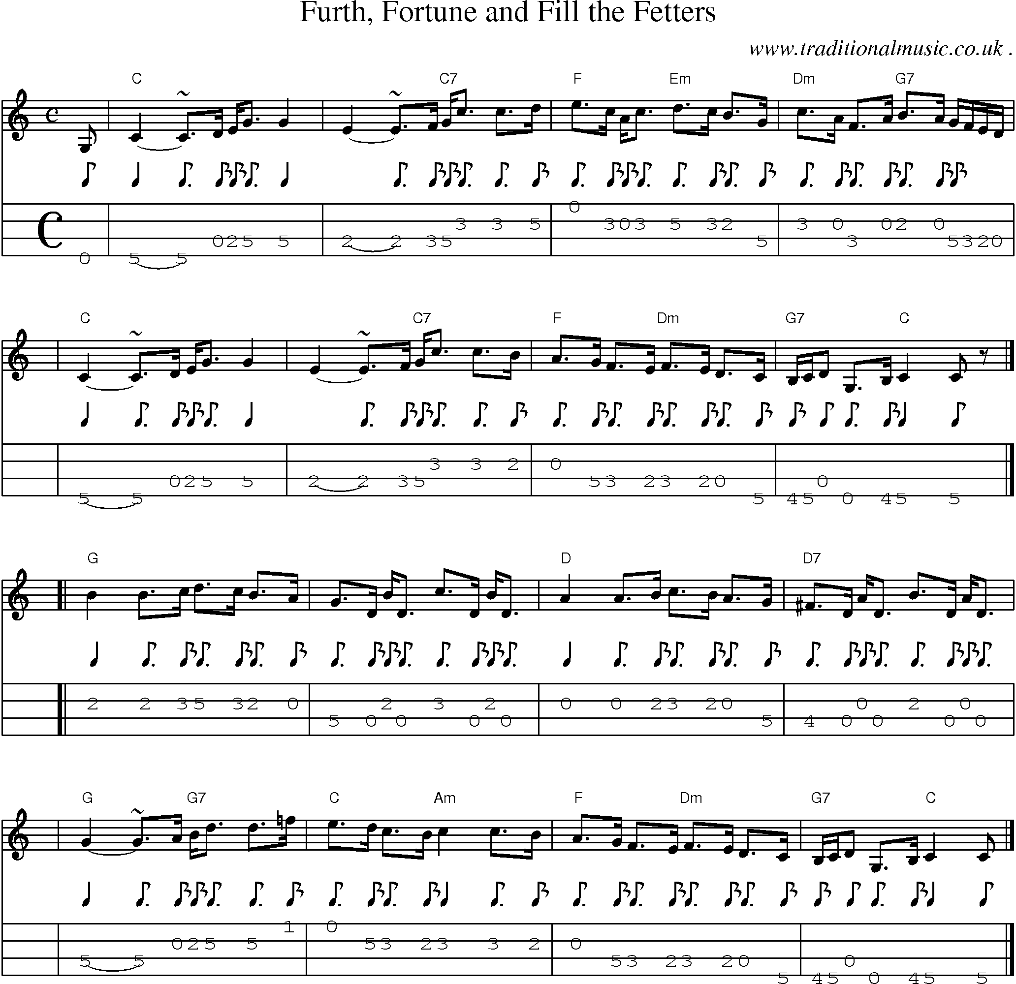 Sheet-music  score, Chords and Mandolin Tabs for Furth Fortune And Fill The Fetters