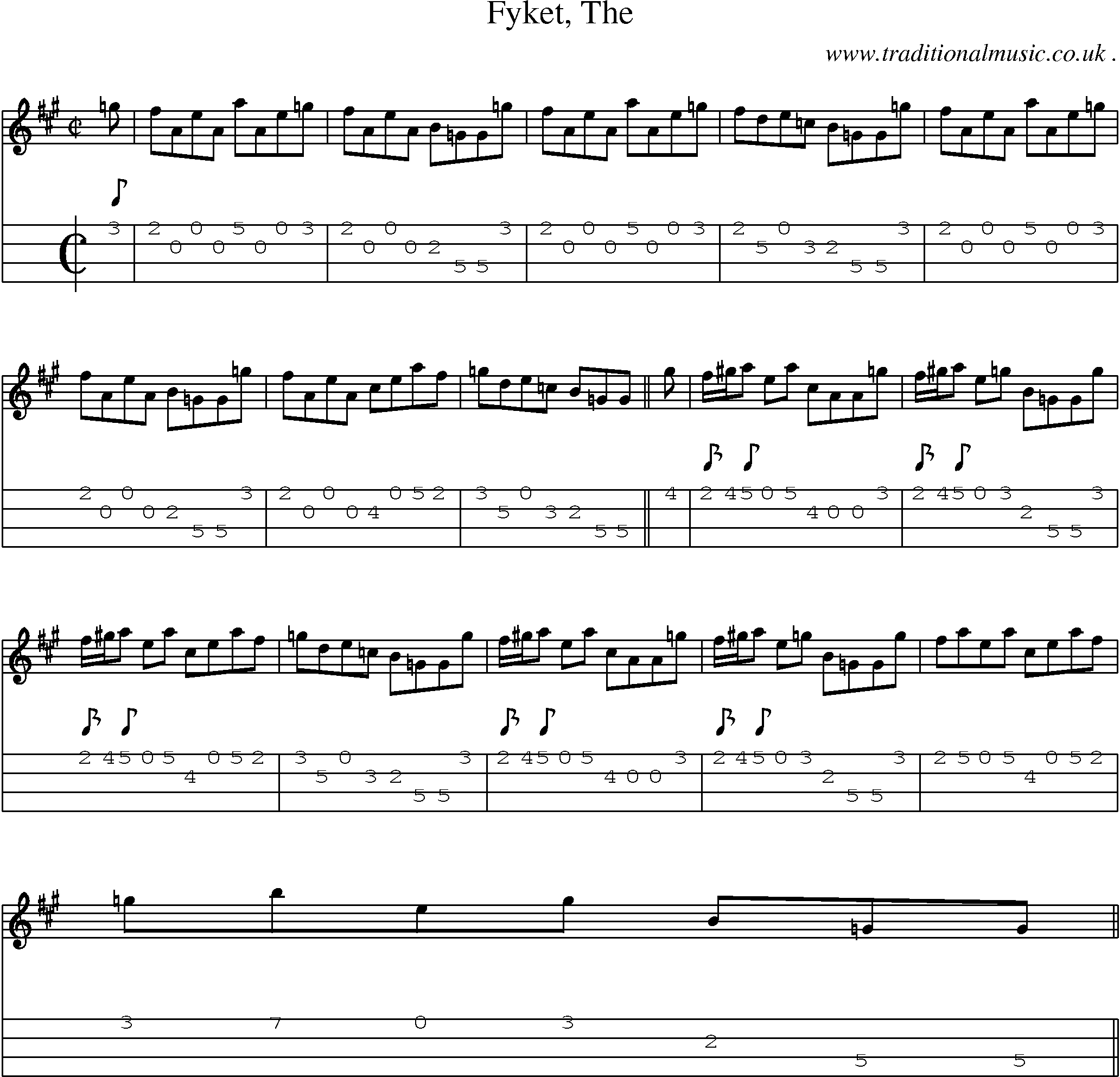 Sheet-music  score, Chords and Mandolin Tabs for Fyket The