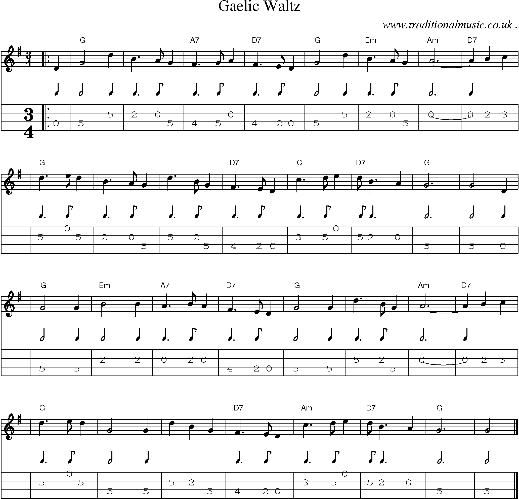 Sheet-music  score, Chords and Mandolin Tabs for Gaelic Waltz
