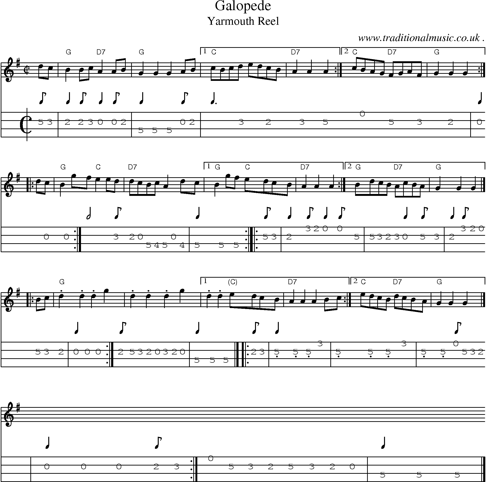 Sheet-music  score, Chords and Mandolin Tabs for Galopede