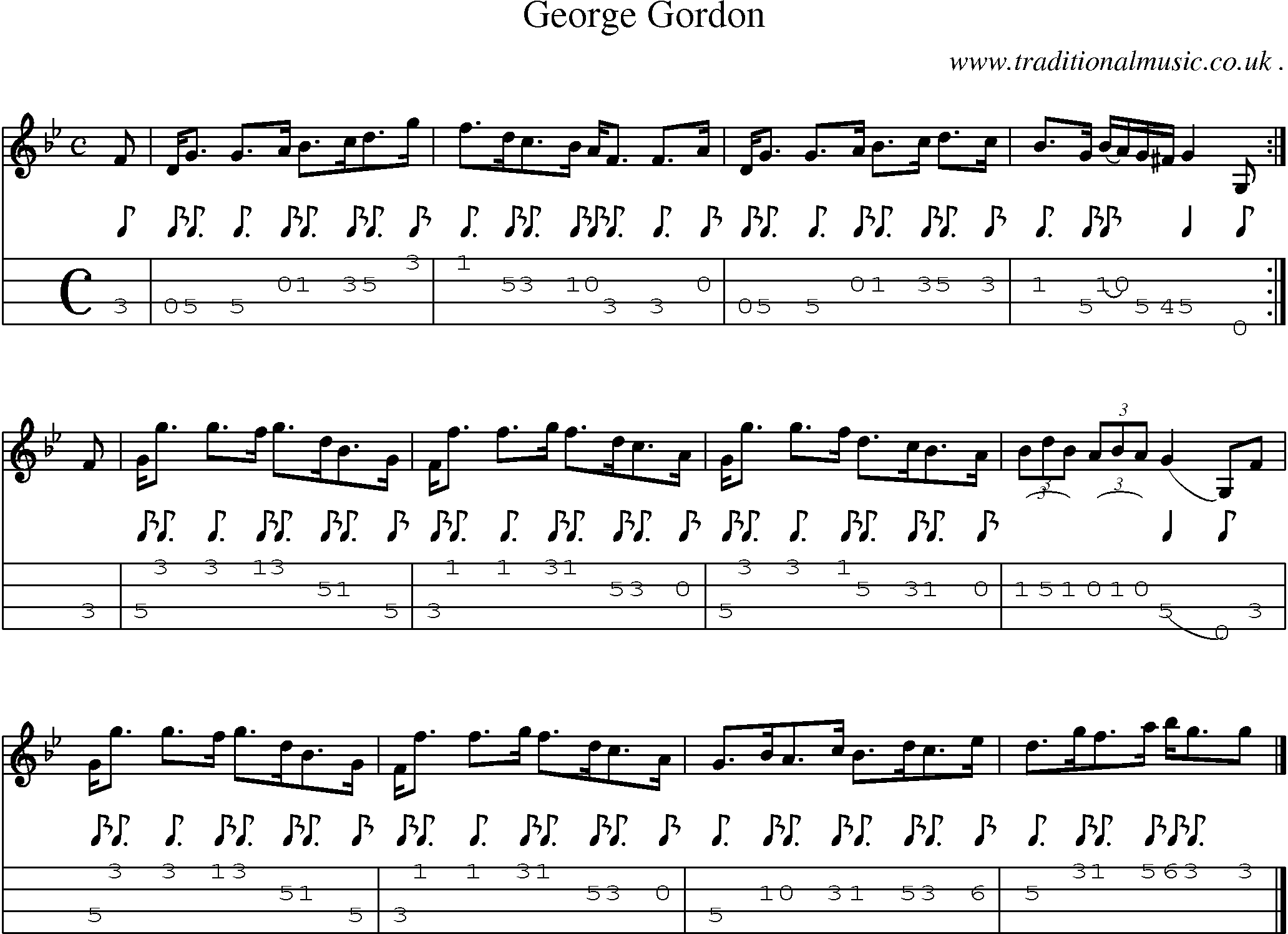 Sheet-music  score, Chords and Mandolin Tabs for George Gordon