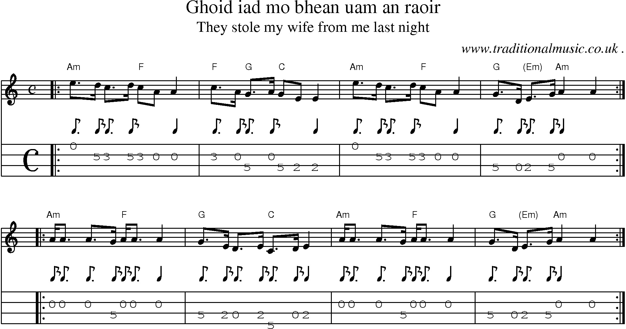 Sheet-music  score, Chords and Mandolin Tabs for Ghoid Iad Mo Bhean Uam An Raoir