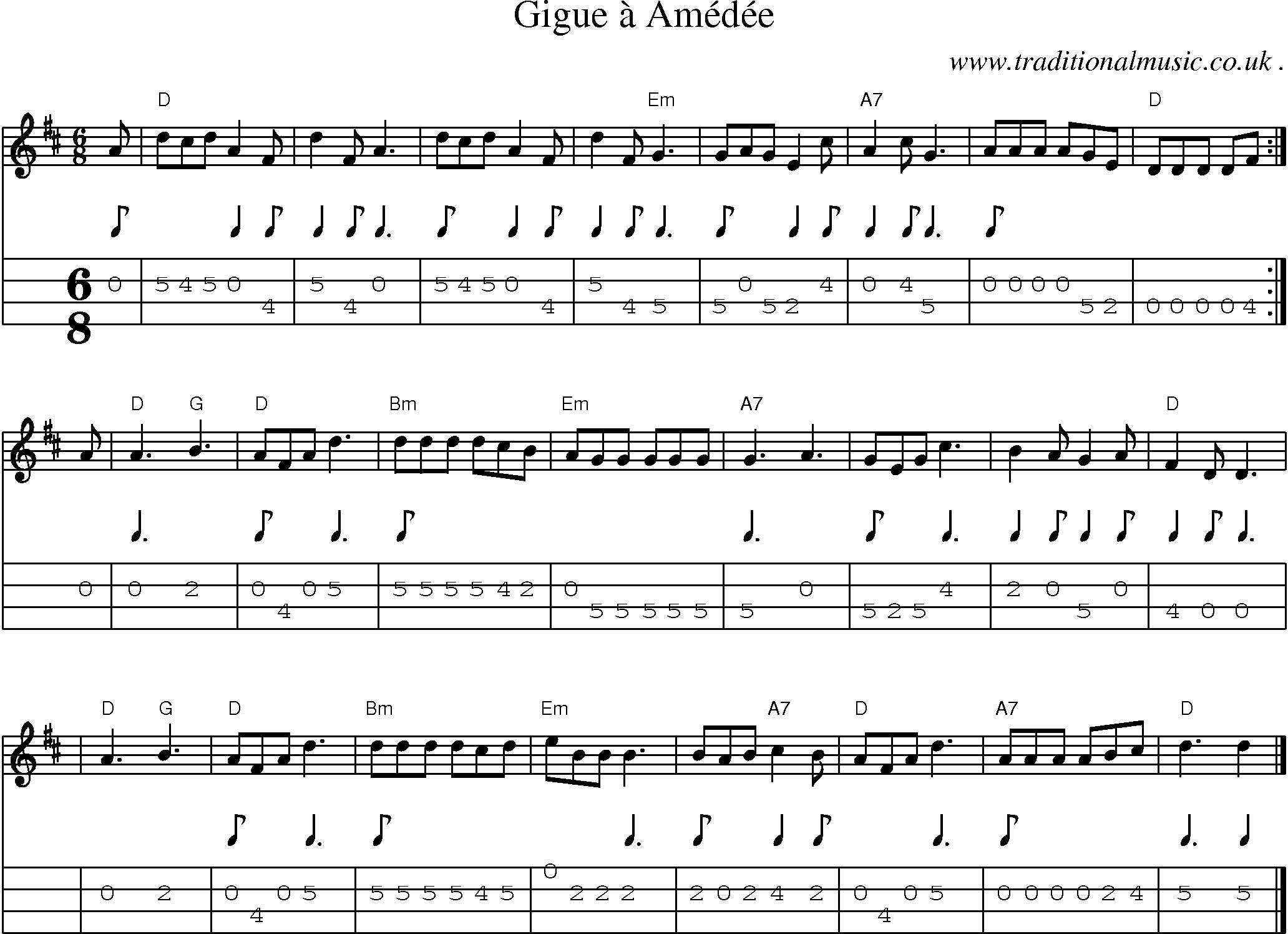 Sheet-music  score, Chords and Mandolin Tabs for Gigue A Amedee