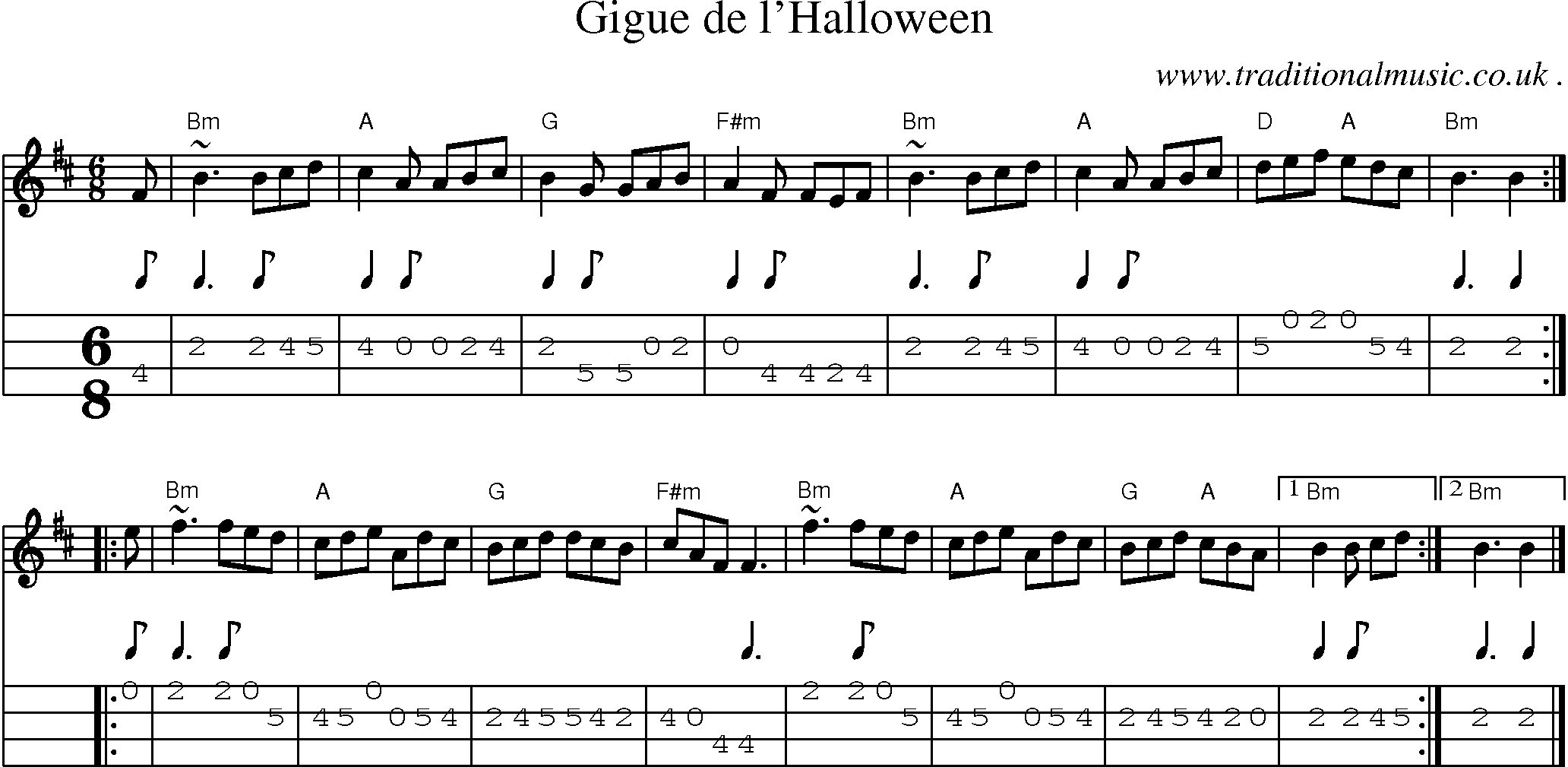 Sheet-music  score, Chords and Mandolin Tabs for Gigue De Lhalloween