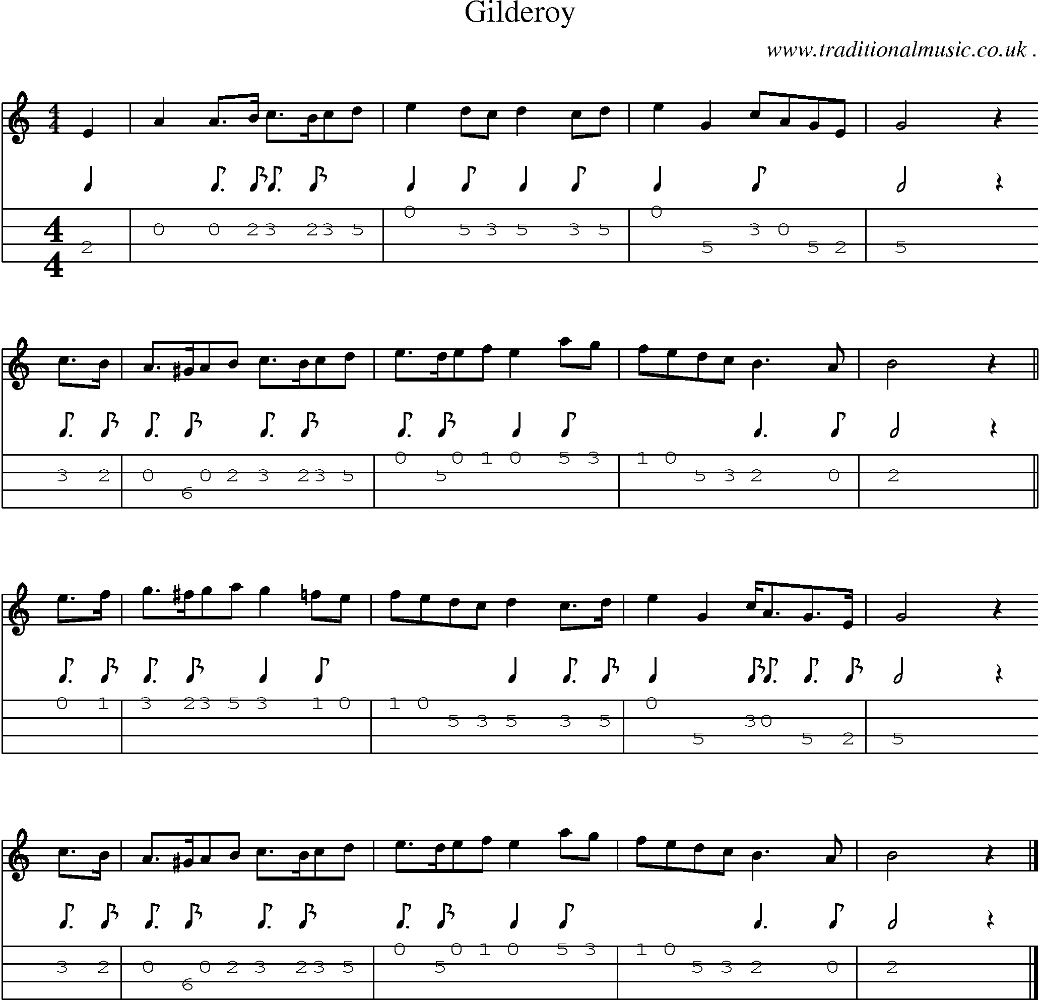 Sheet-music  score, Chords and Mandolin Tabs for Gilderoy
