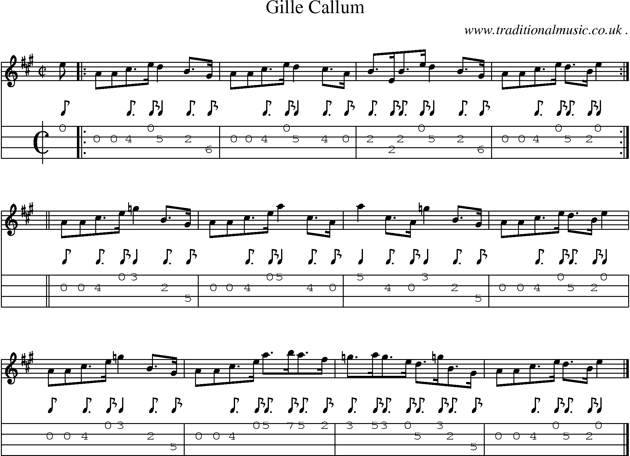 Sheet-music  score, Chords and Mandolin Tabs for Gille Callum