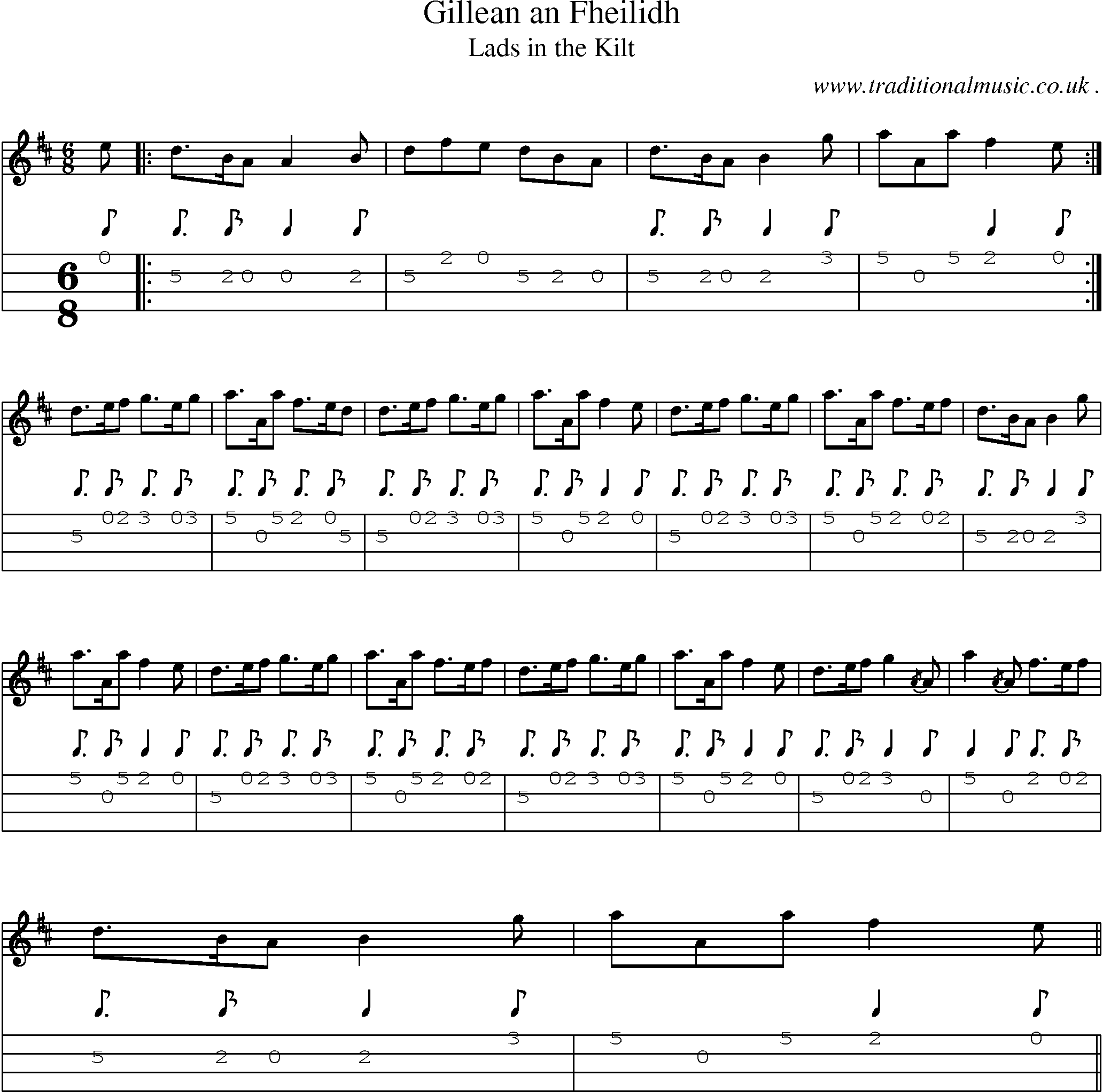 Sheet-music  score, Chords and Mandolin Tabs for Gillean An Fheilidh
