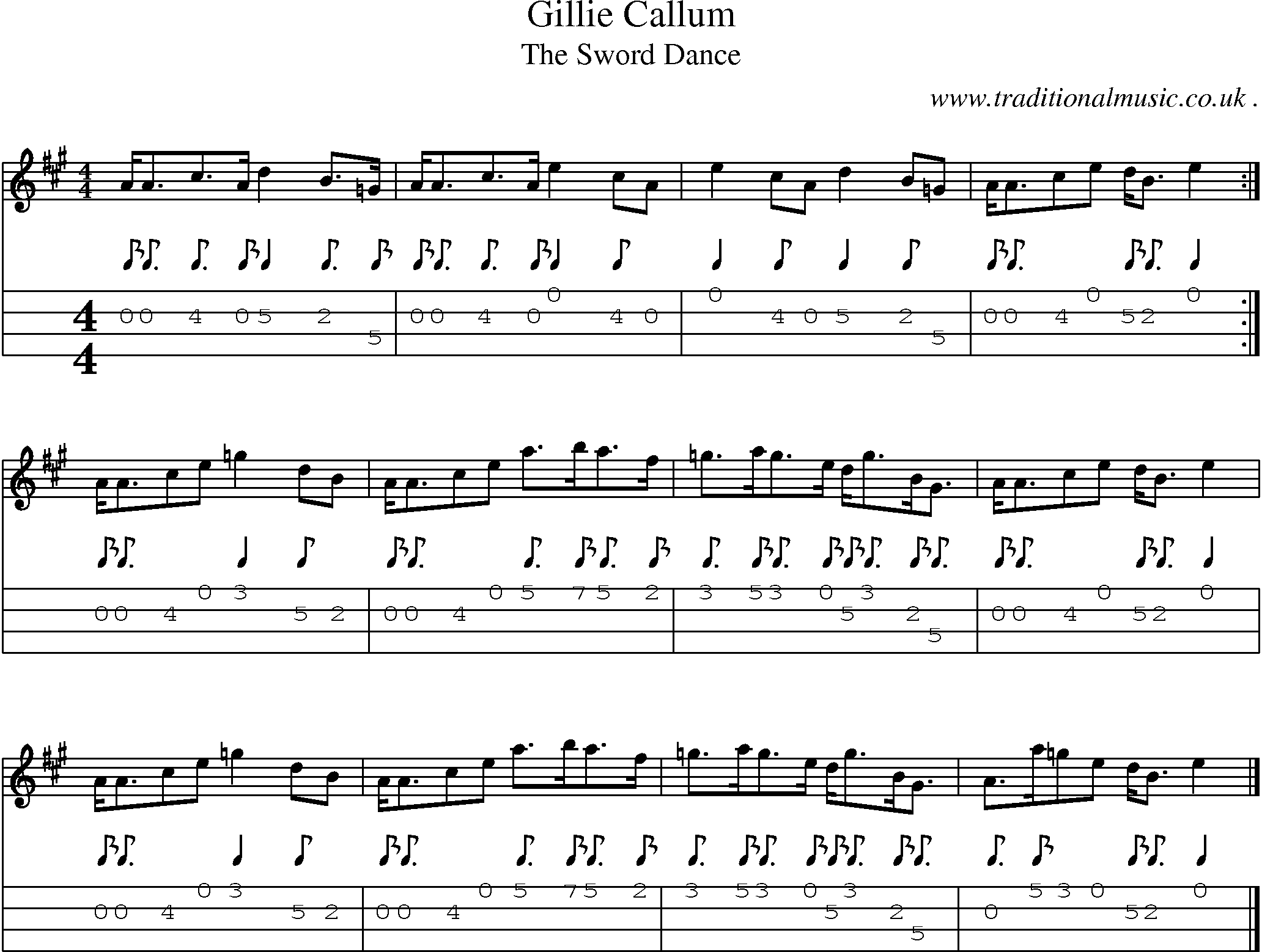 Sheet-music  score, Chords and Mandolin Tabs for Gillie Callum
