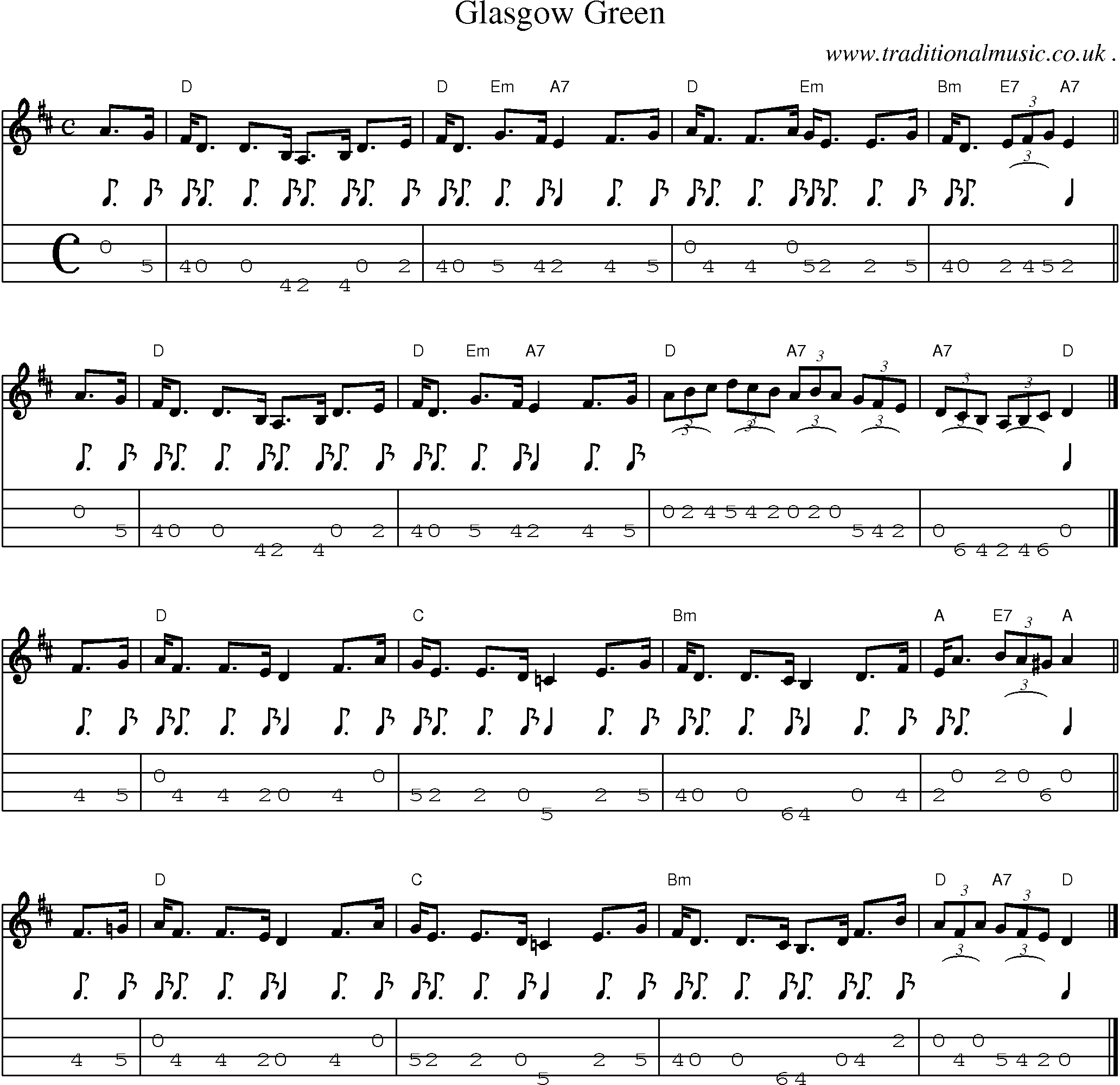 Sheet-music  score, Chords and Mandolin Tabs for Glasgow Green