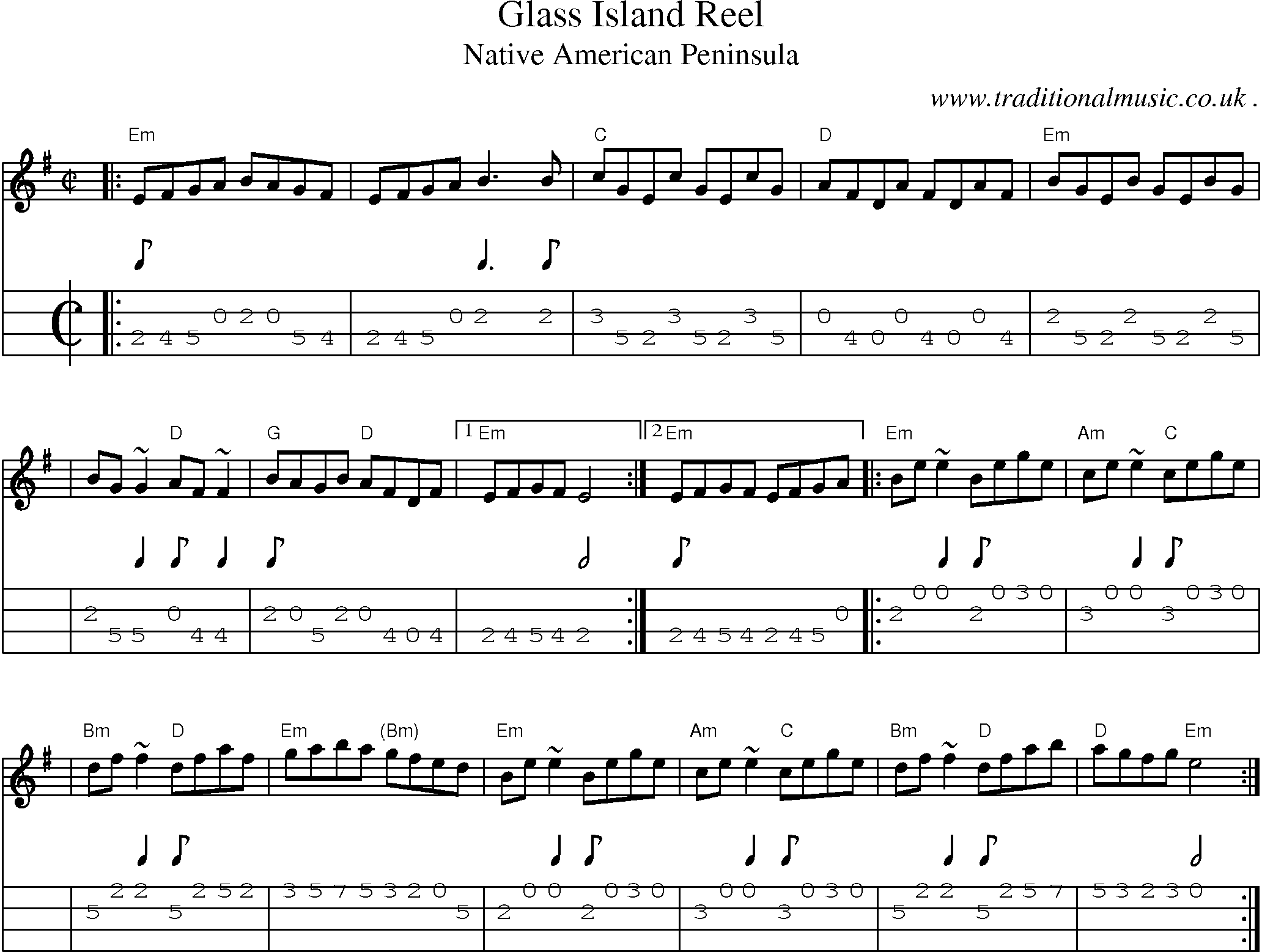 Sheet-music  score, Chords and Mandolin Tabs for Glass Island Reel