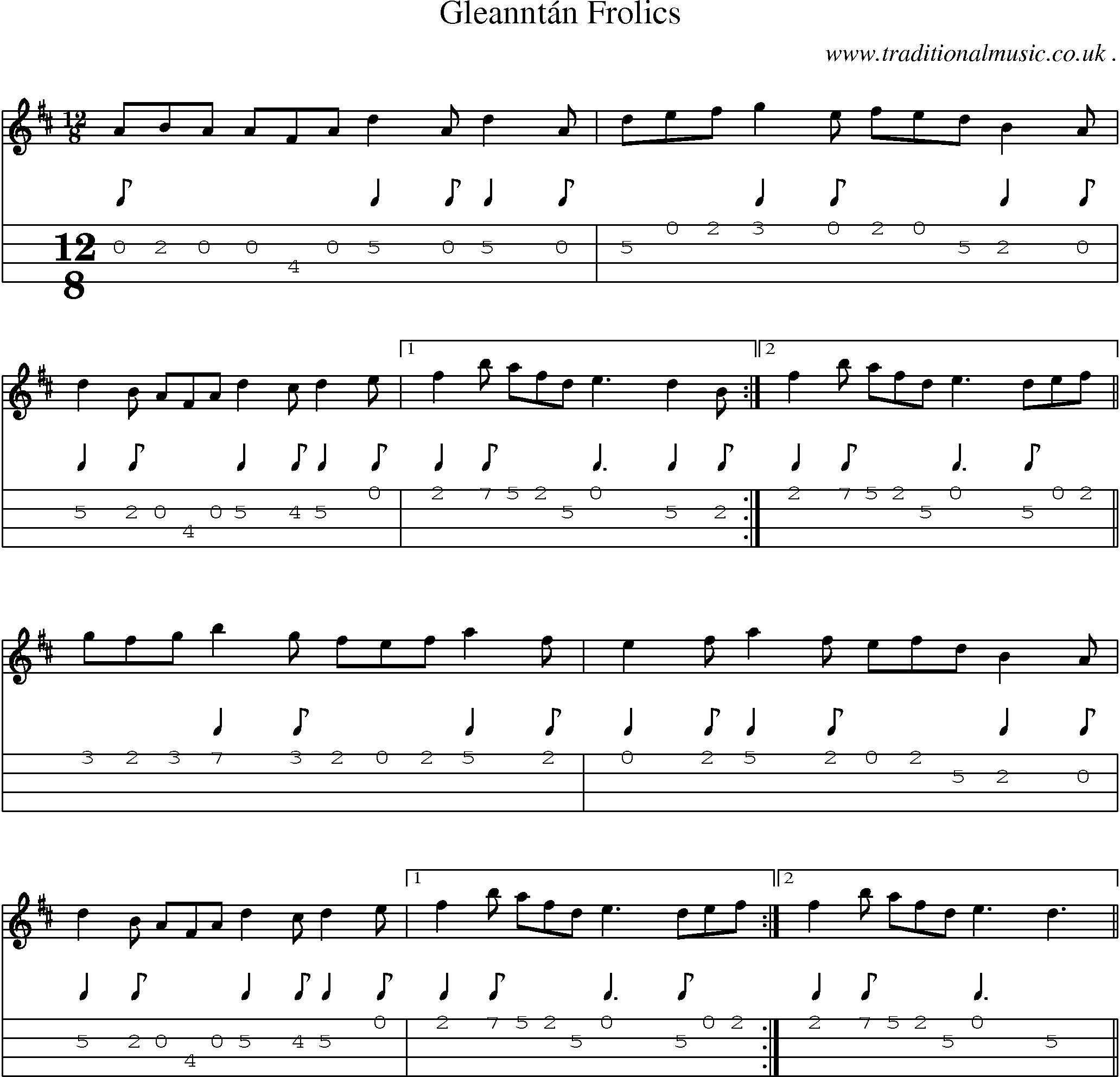 Sheet-music  score, Chords and Mandolin Tabs for Gleanntan Frolics