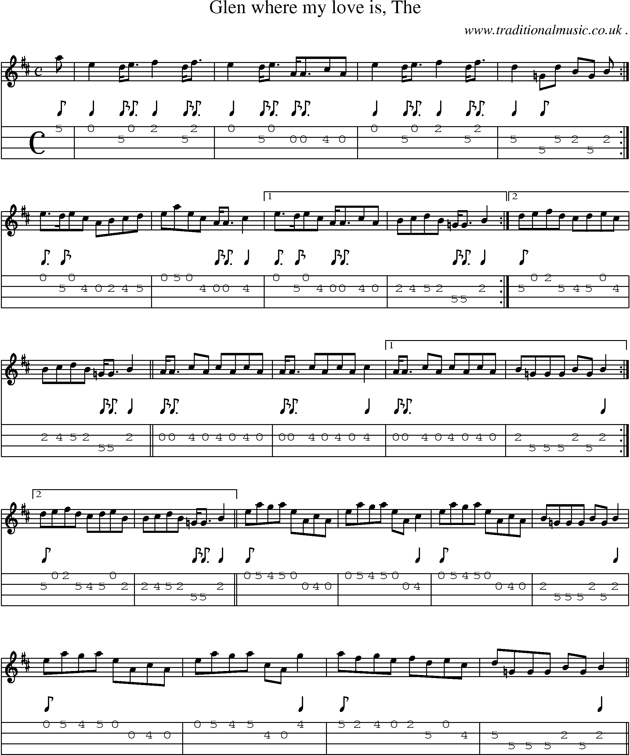 Sheet-music  score, Chords and Mandolin Tabs for Glen Where My Love Is The