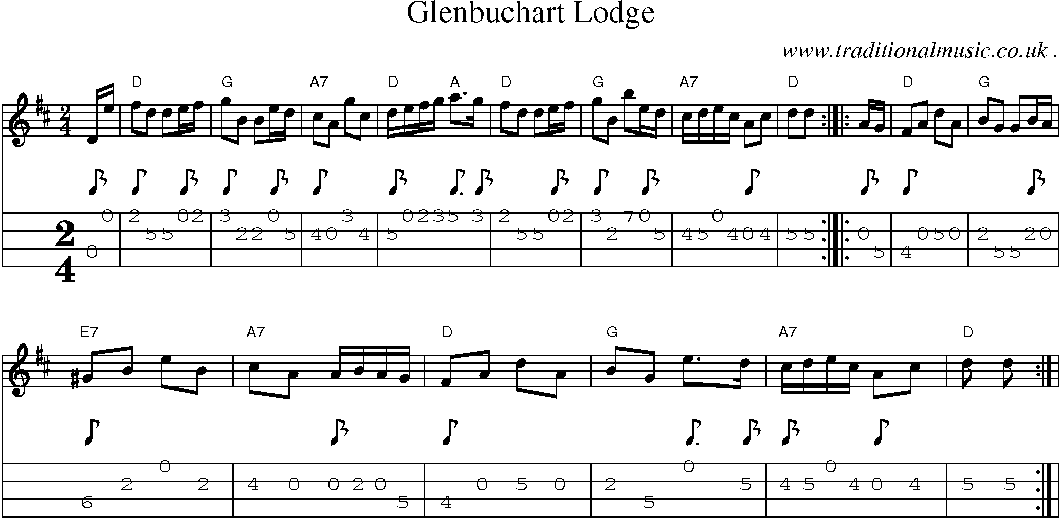 Sheet-music  score, Chords and Mandolin Tabs for Glenbuchart Lodge
