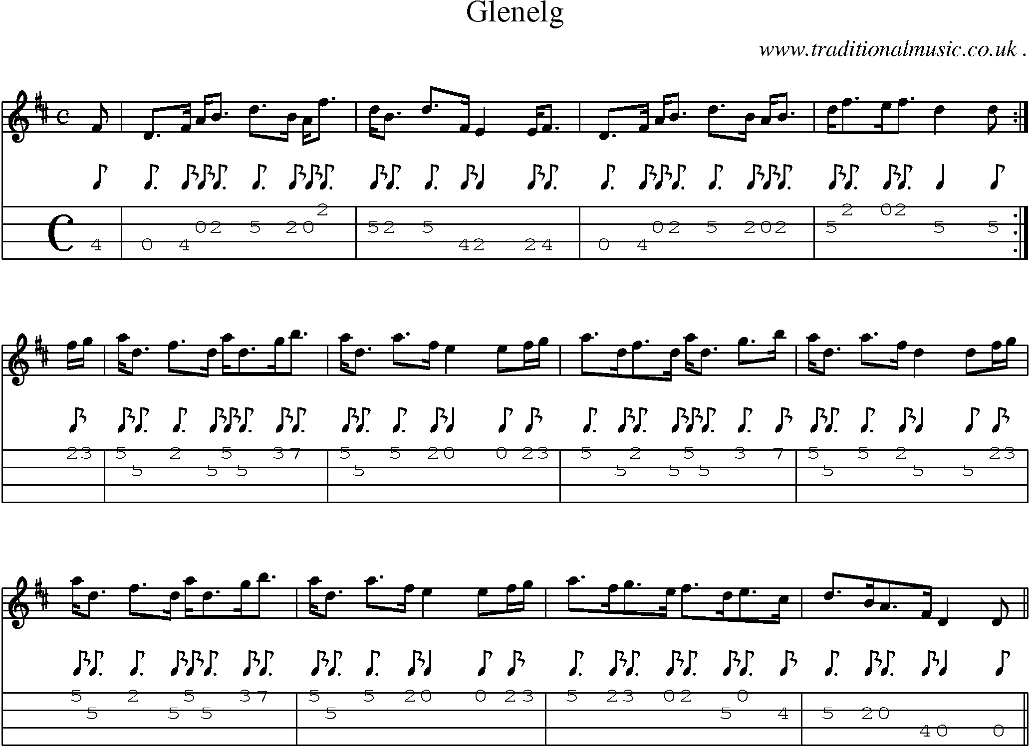 Sheet-music  score, Chords and Mandolin Tabs for Glenelg