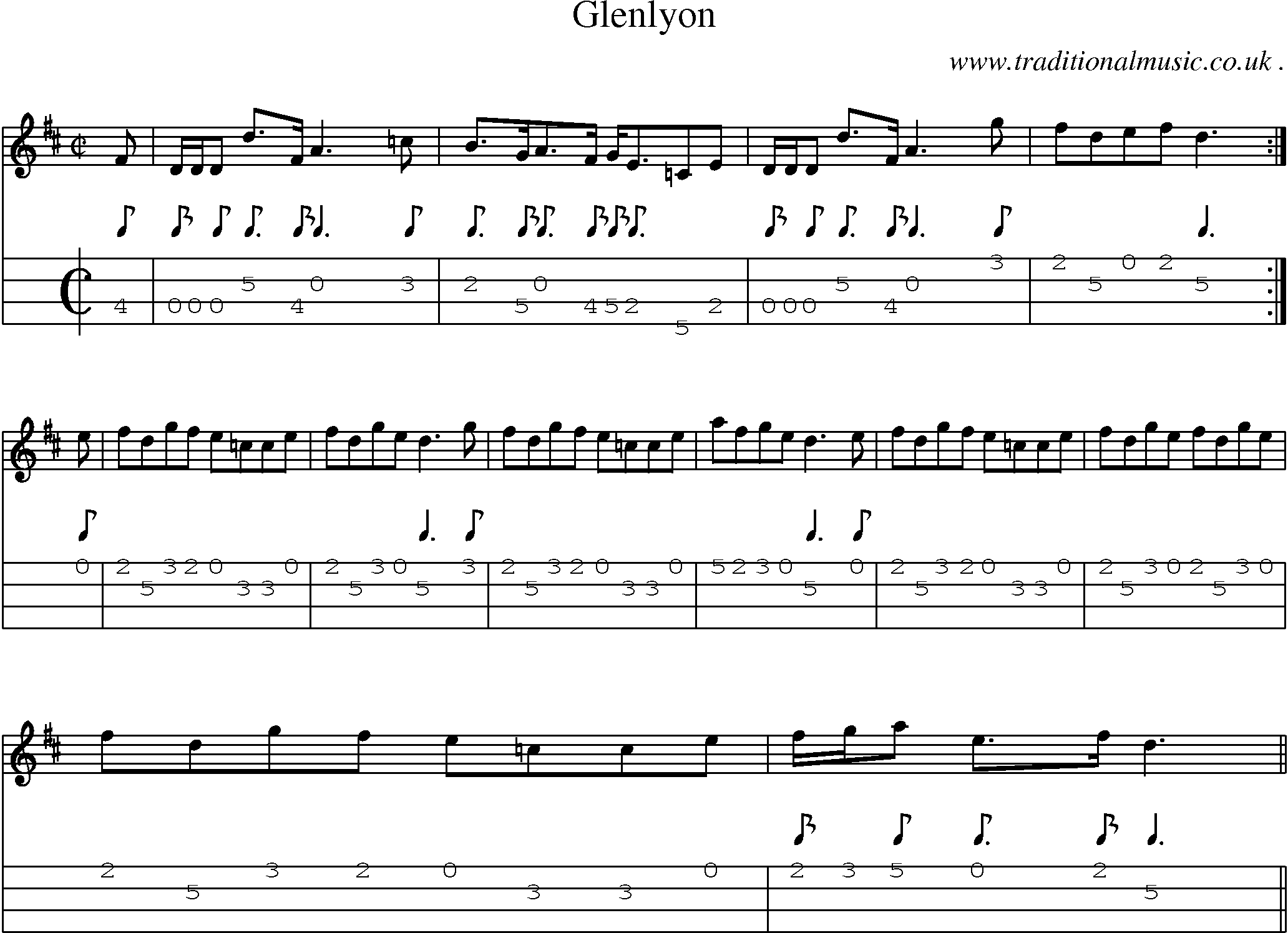 Sheet-music  score, Chords and Mandolin Tabs for Glenlyon