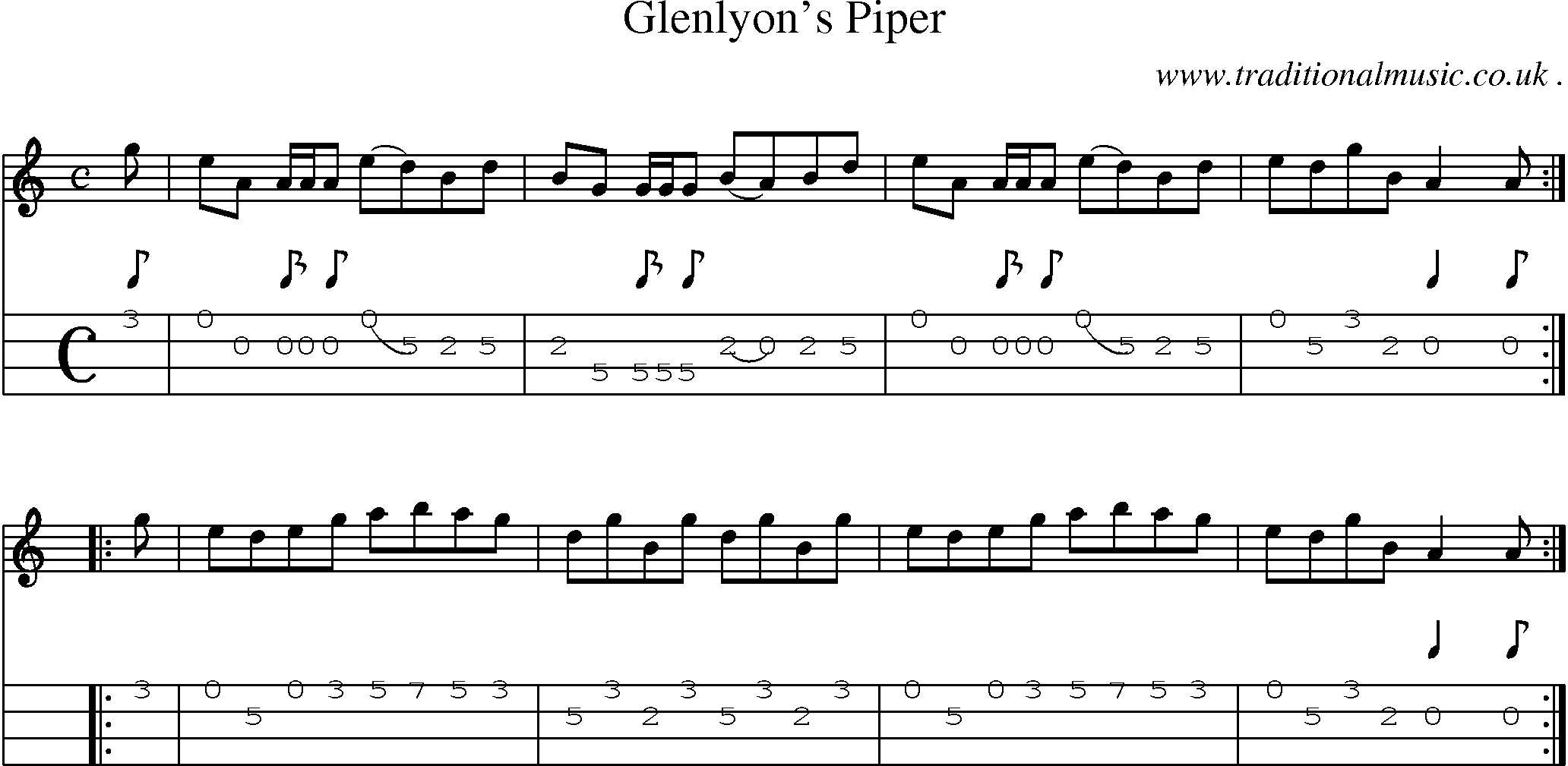 Sheet-music  score, Chords and Mandolin Tabs for Glenlyons Piper