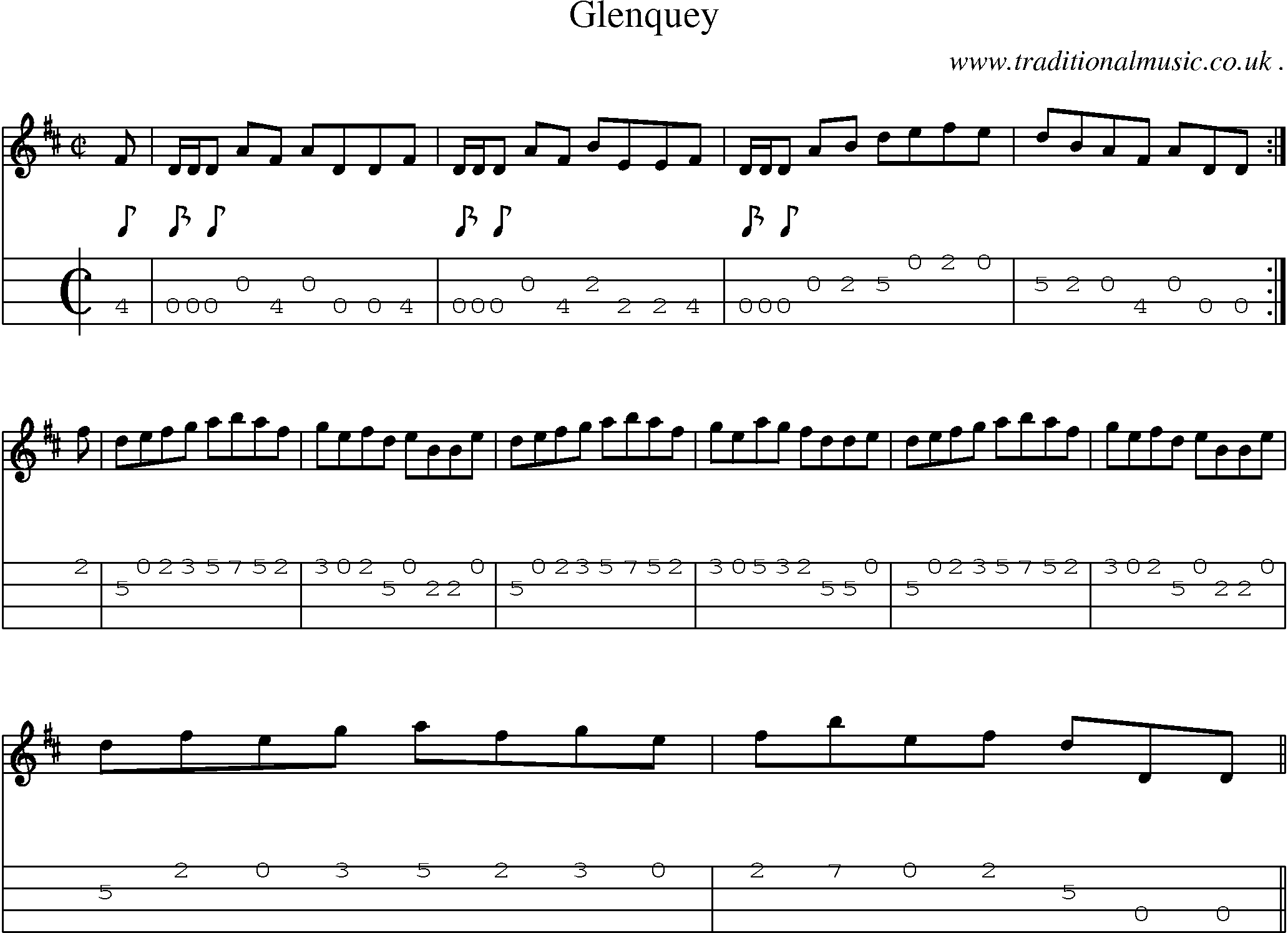 Sheet-music  score, Chords and Mandolin Tabs for Glenquey