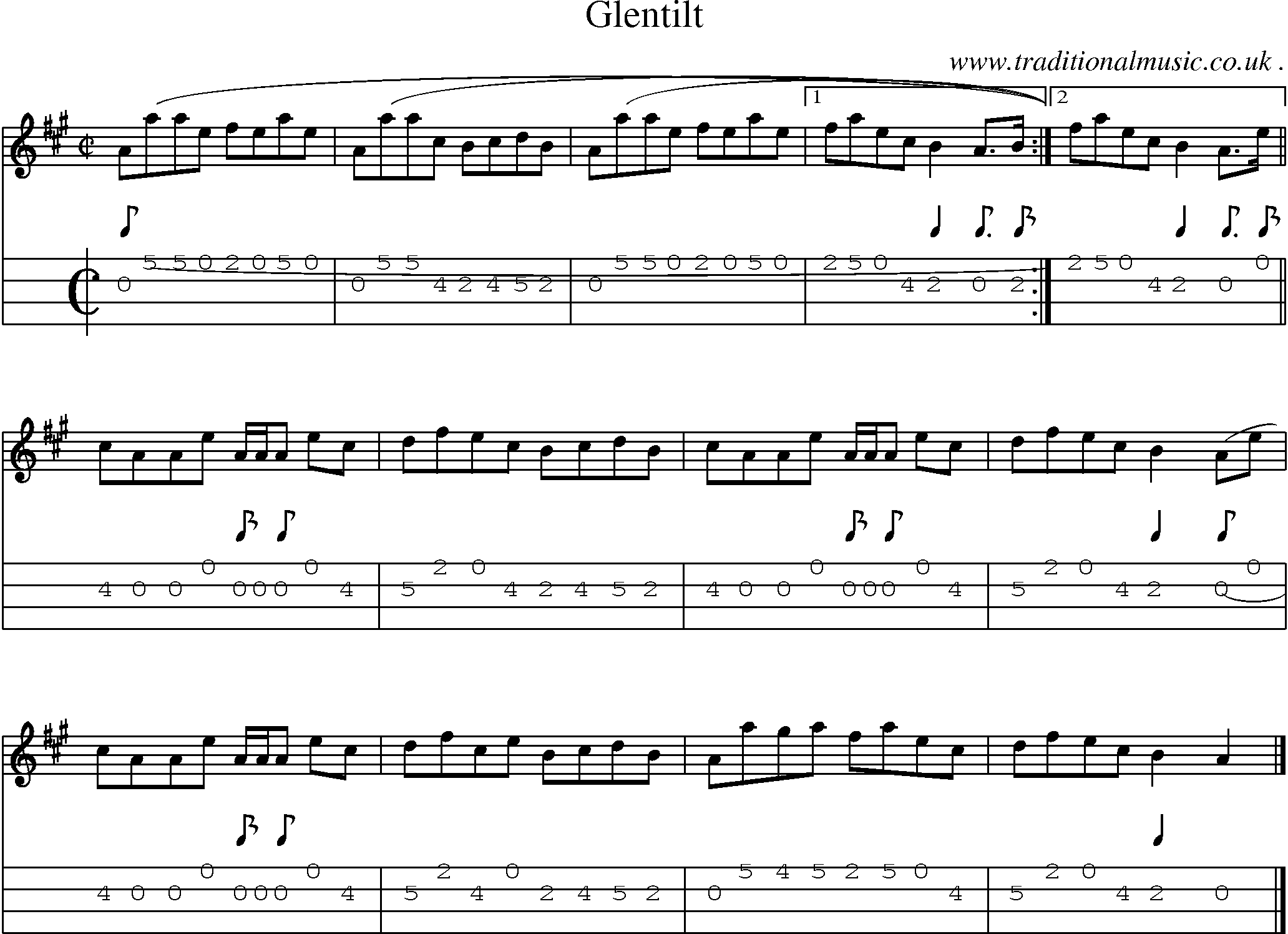 Sheet-music  score, Chords and Mandolin Tabs for Glentilt