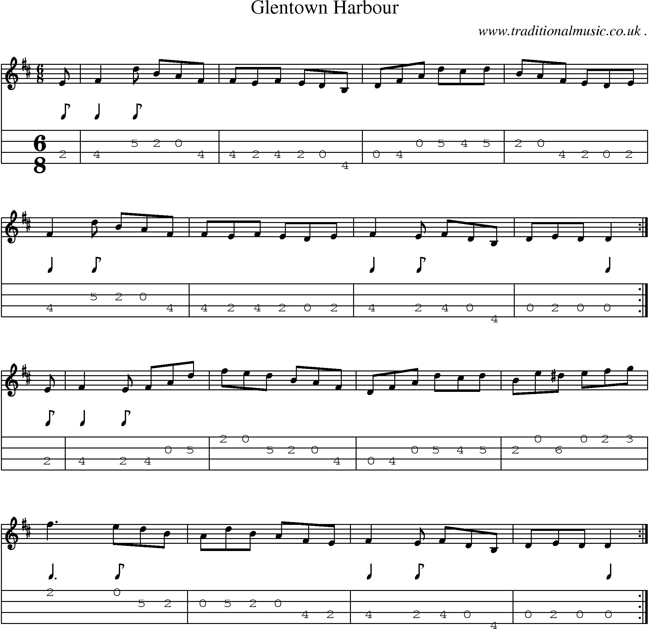 Sheet-music  score, Chords and Mandolin Tabs for Glentown Harbour