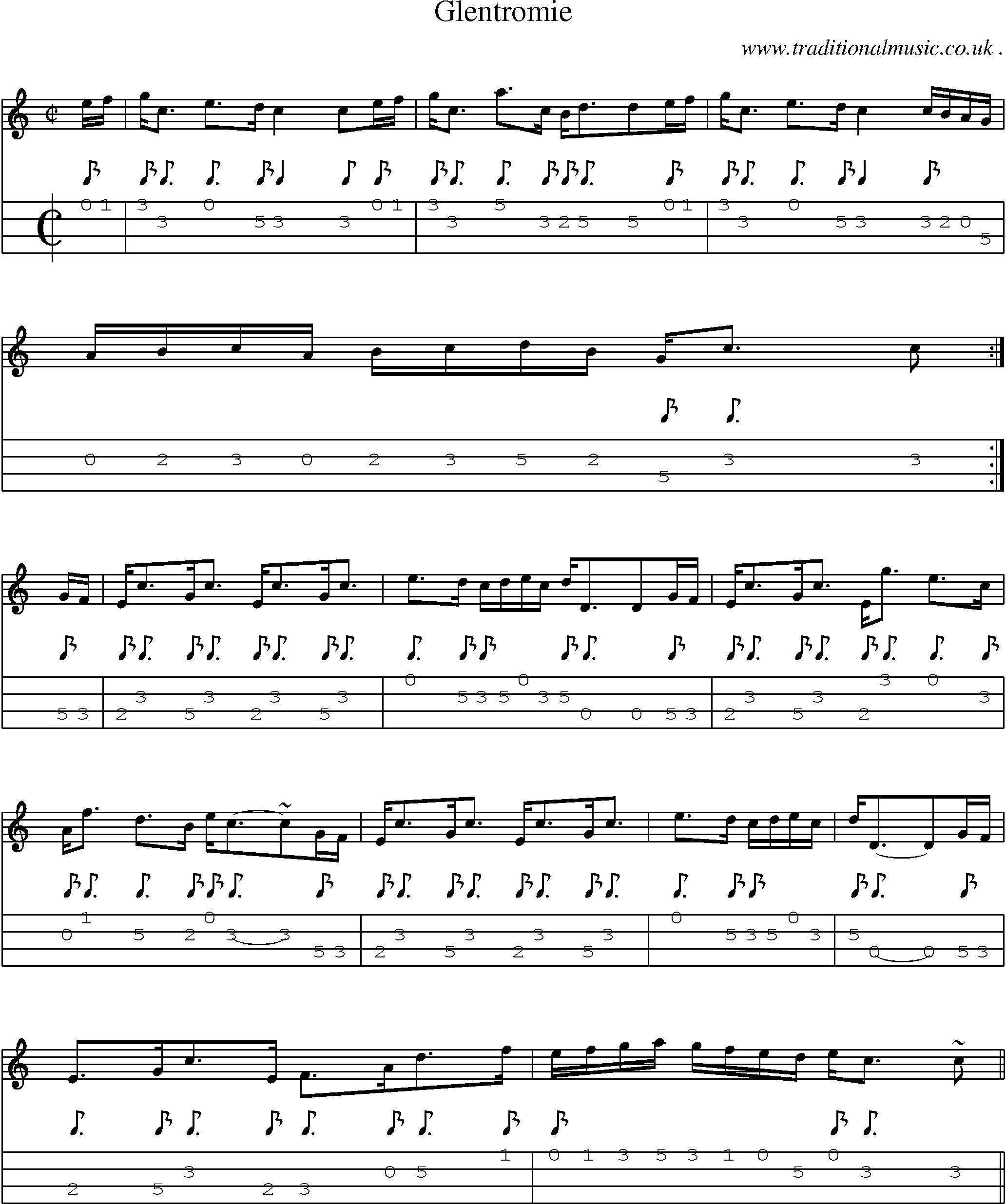 Sheet-music  score, Chords and Mandolin Tabs for Glentromie