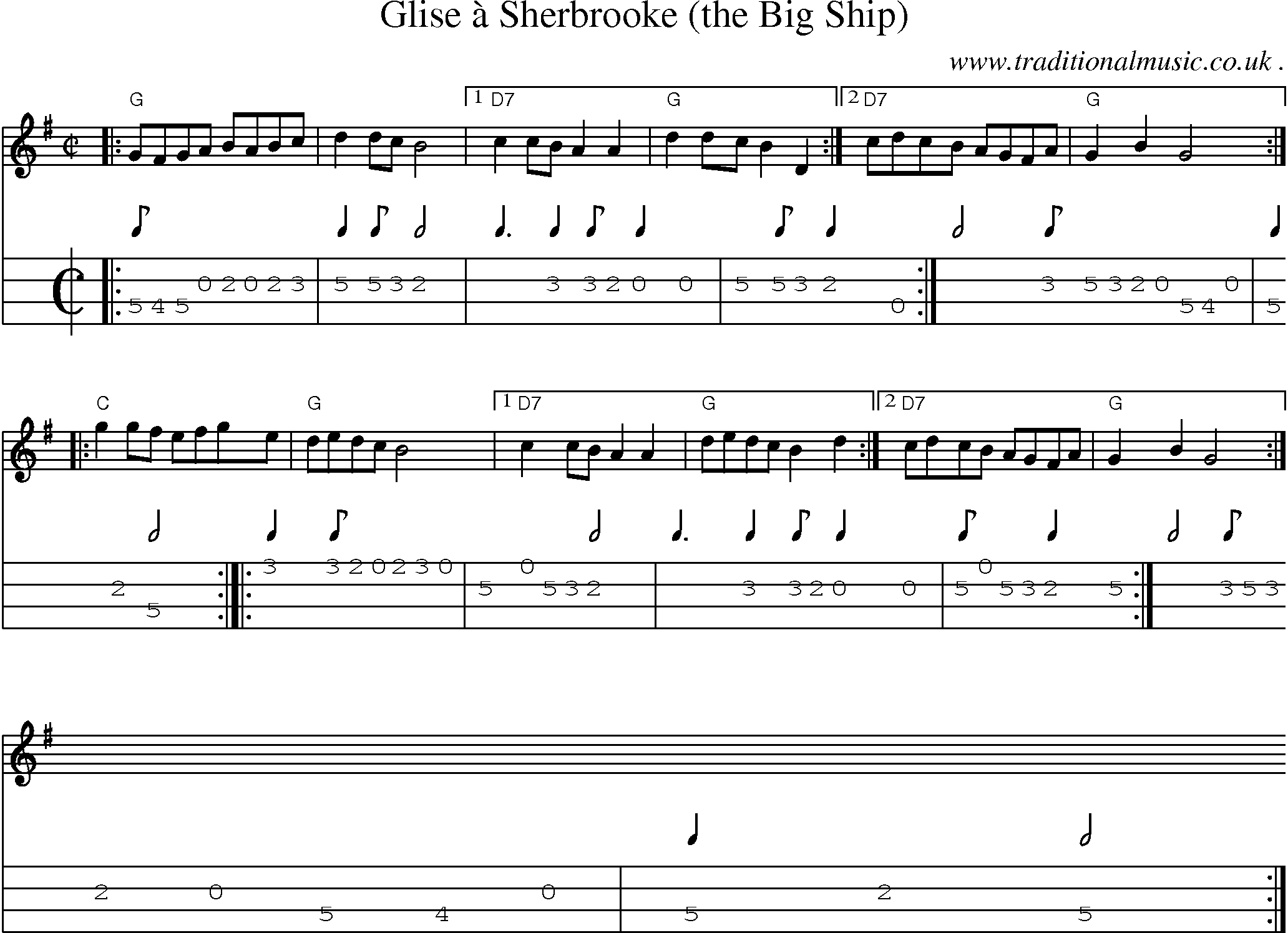 Sheet-music  score, Chords and Mandolin Tabs for Glise A Sherbrooke The Big Ship
