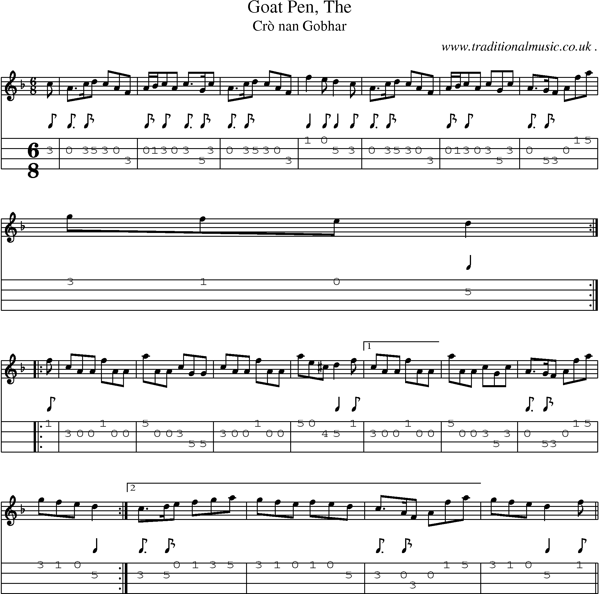 Sheet-music  score, Chords and Mandolin Tabs for Goat Pen The