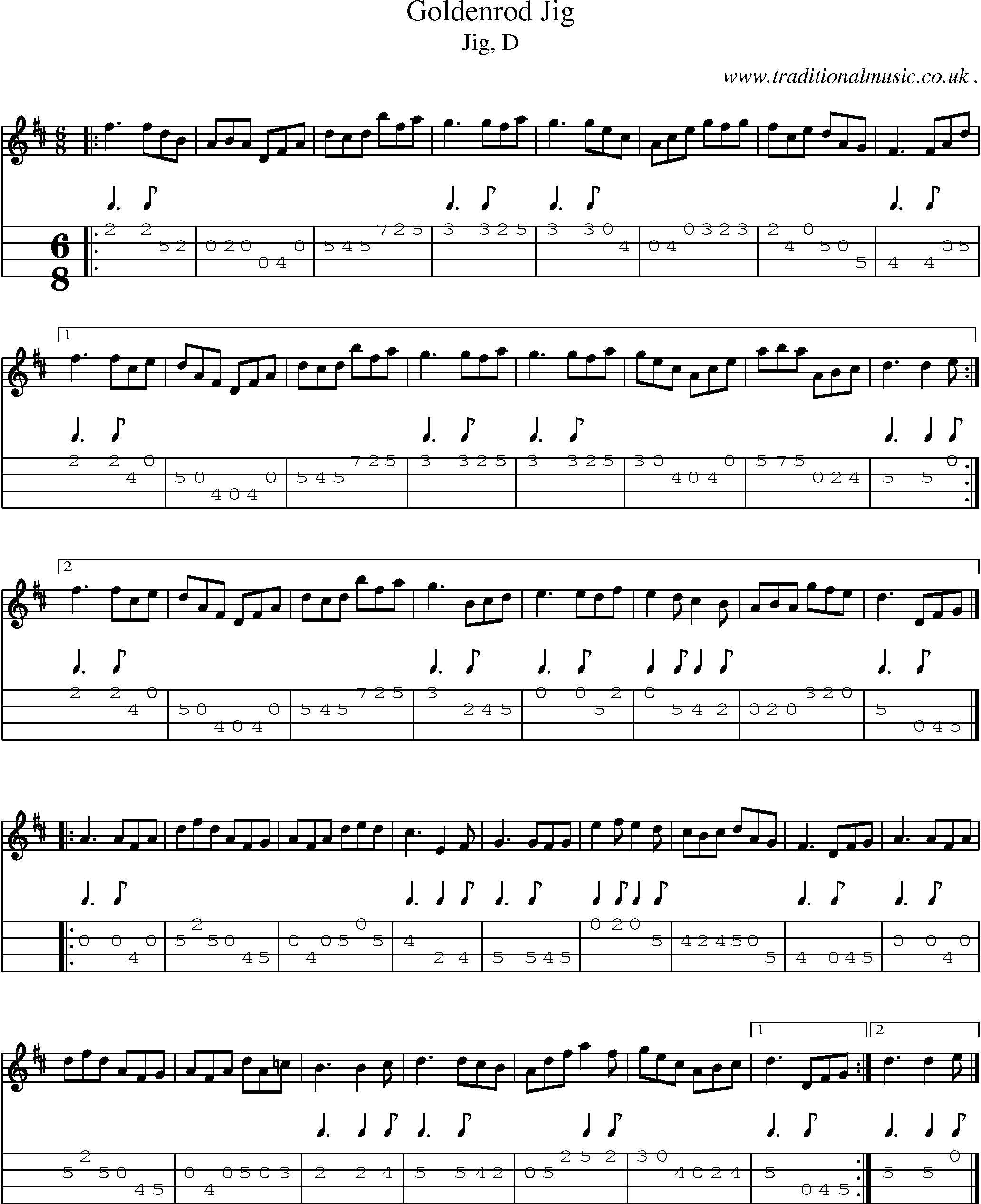 Sheet-music  score, Chords and Mandolin Tabs for Goldenrod Jig