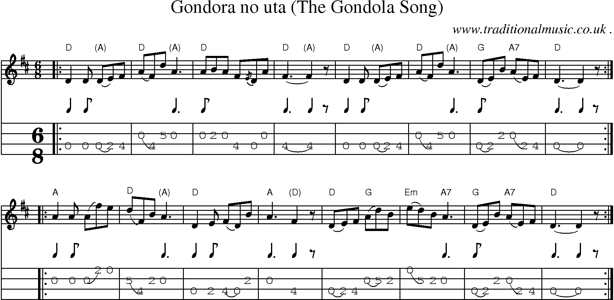 Sheet-music  score, Chords and Mandolin Tabs for Gondora No Uta The Gondola Song