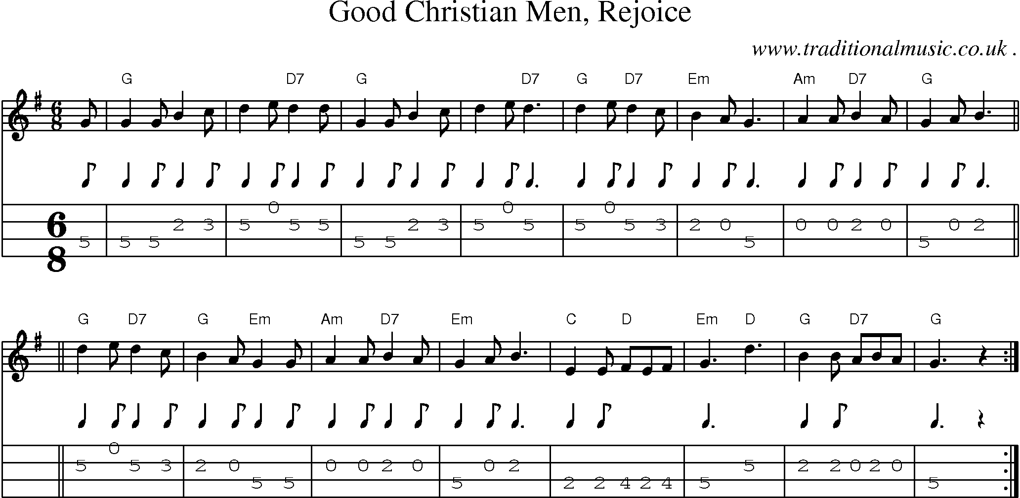 Sheet-music  score, Chords and Mandolin Tabs for Good Christian Men Rejoice