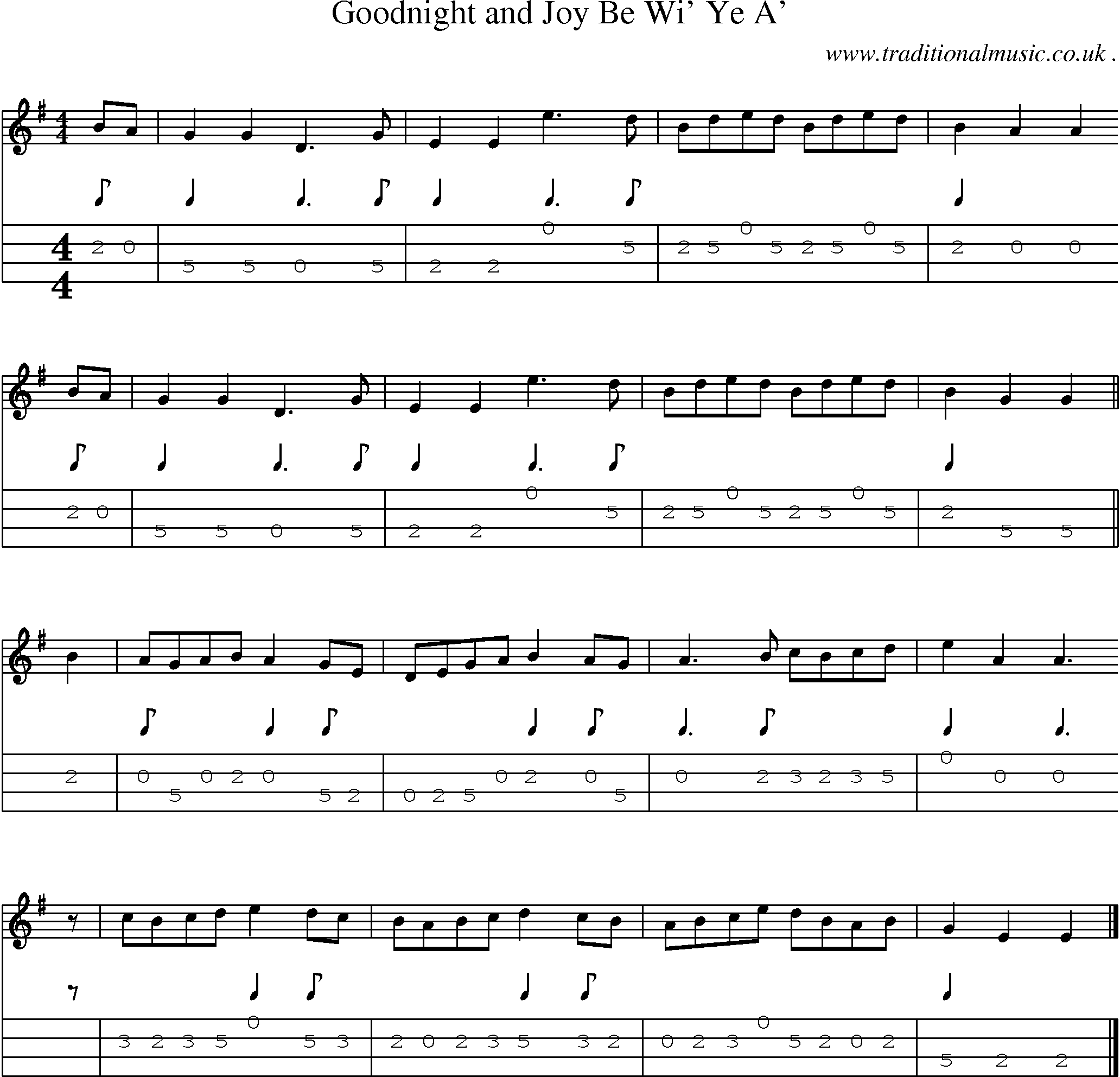 Sheet-music  score, Chords and Mandolin Tabs for Goodnight And Joy Be Wi Ye A