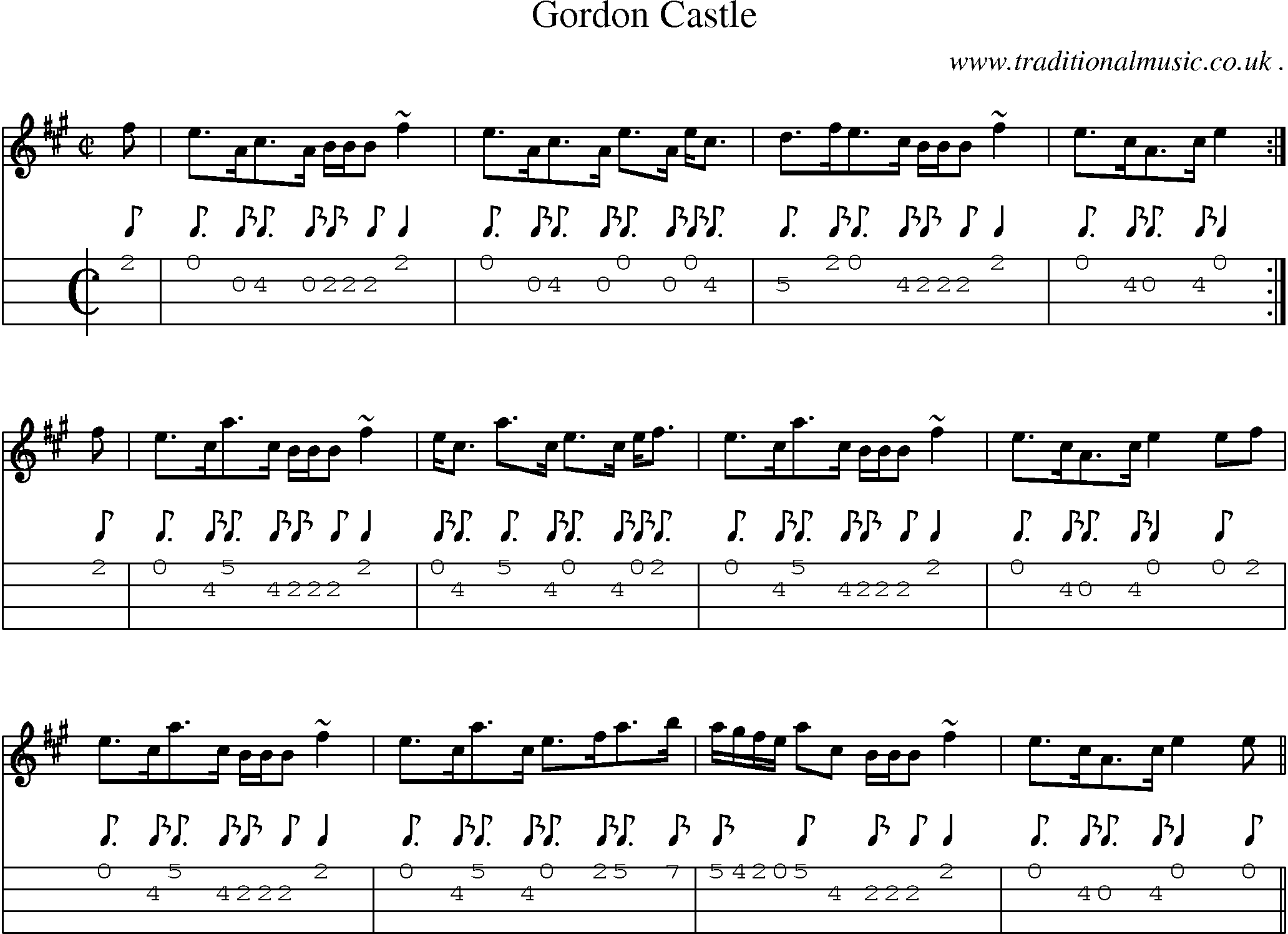 Sheet-music  score, Chords and Mandolin Tabs for Gordon Castle