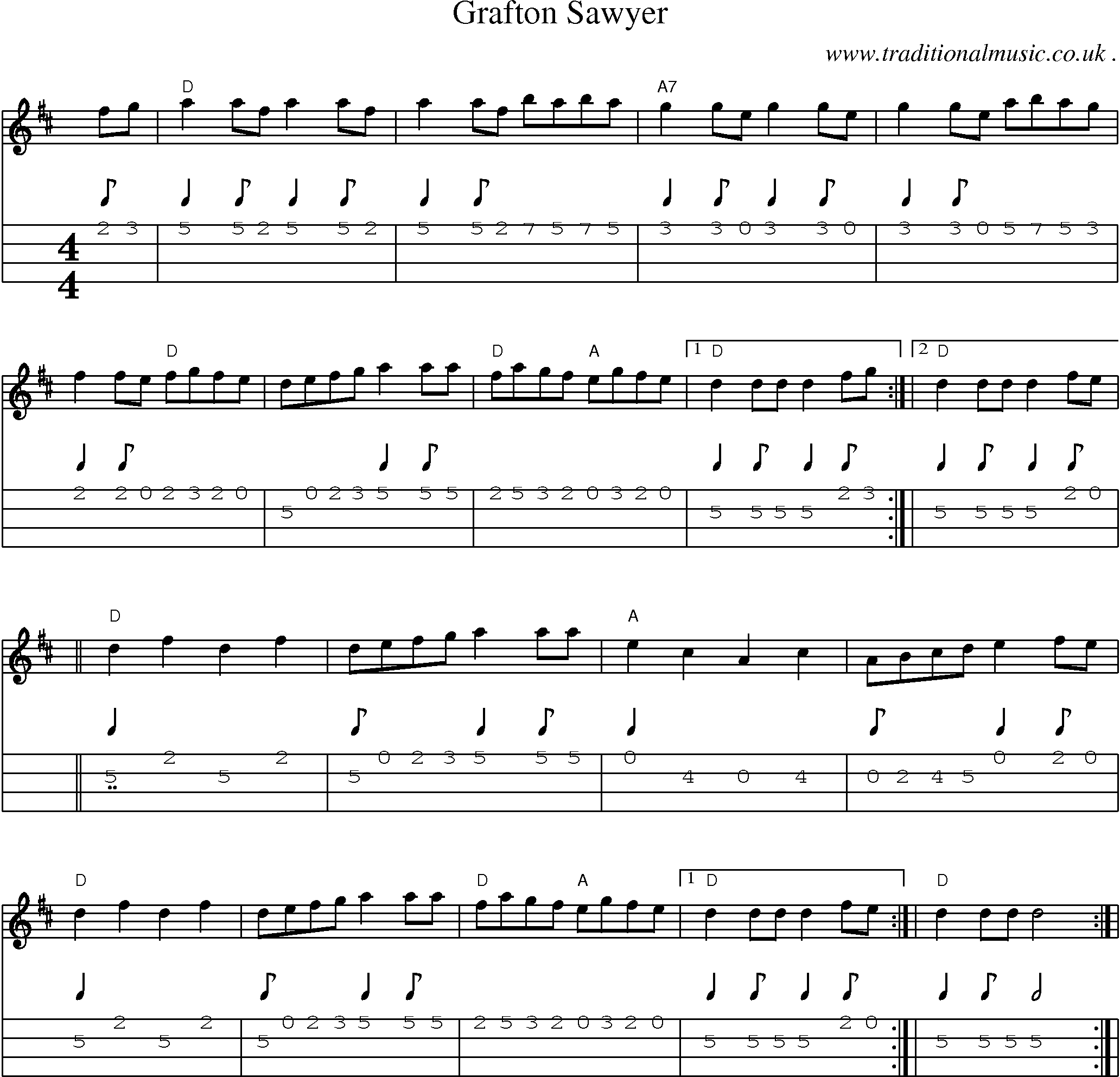 Sheet-music  score, Chords and Mandolin Tabs for Grafton Sawyer