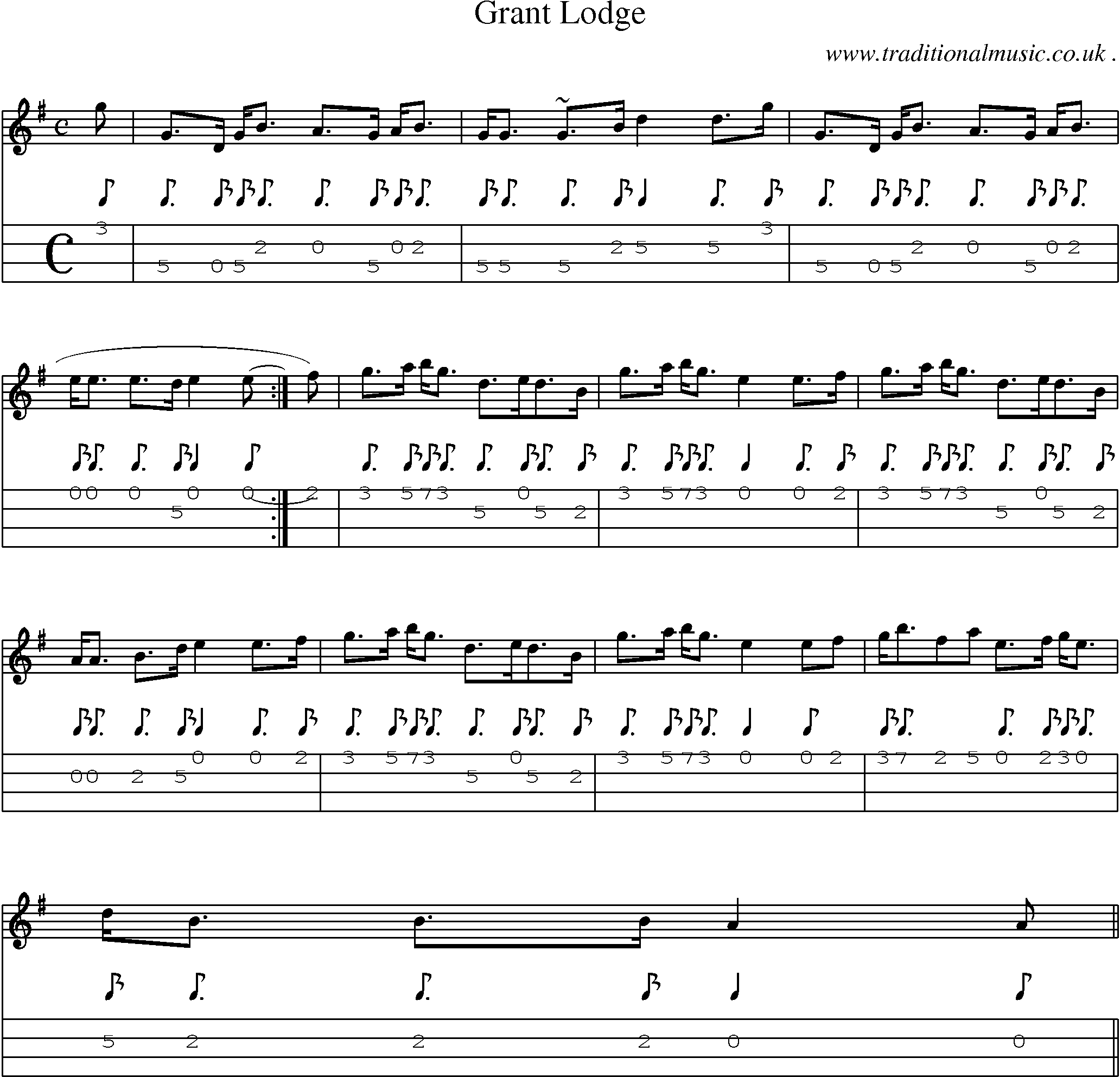 Sheet-music  score, Chords and Mandolin Tabs for Grant Lodge